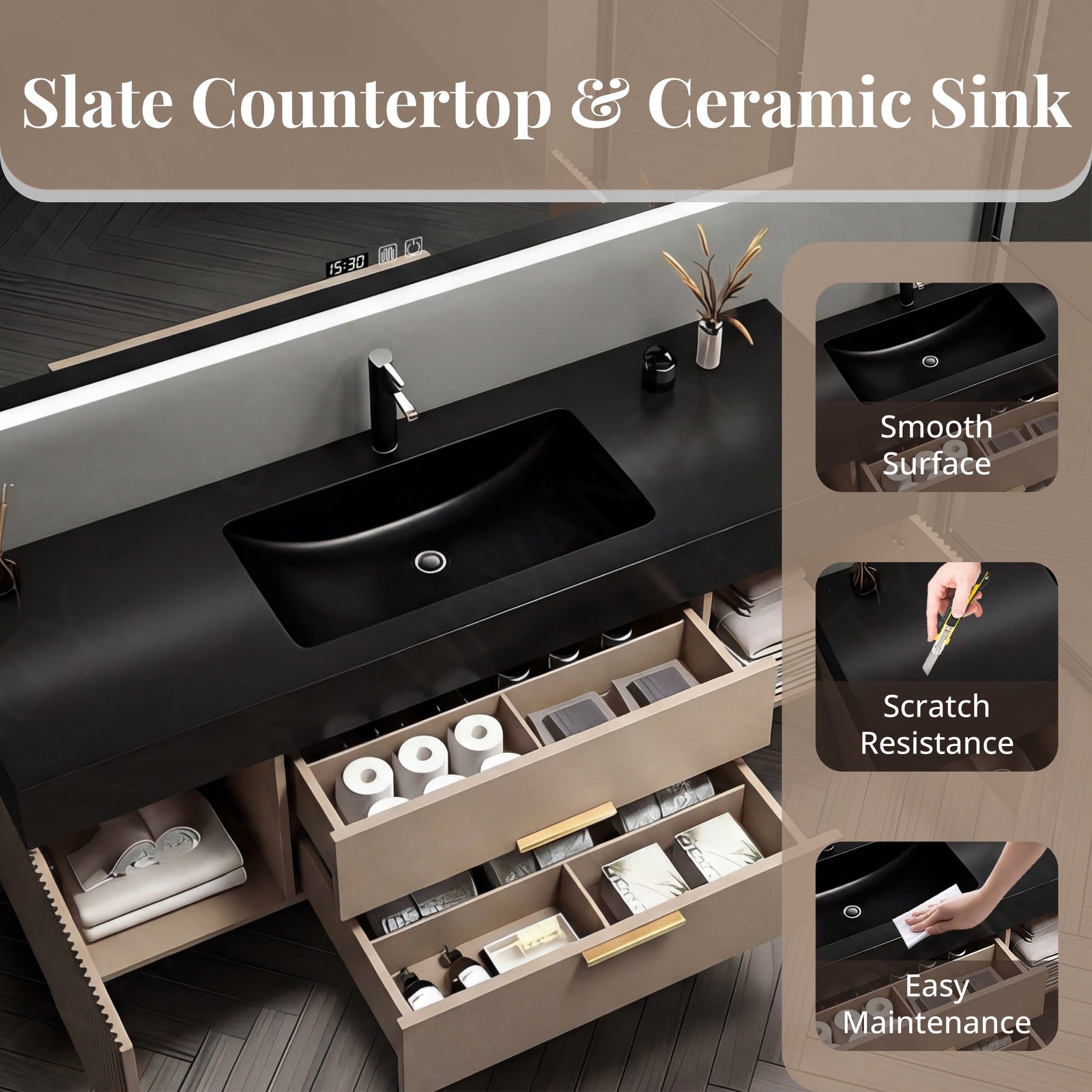 Elegant Bath Vanity Set, Beige, Black Slate Top, Fluted Panel, 40"-64", Single, Floating, Gold Accents, Smart LED Mirror