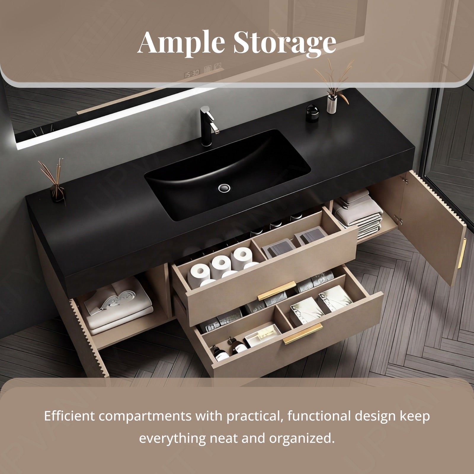 Elegant Bath Vanity Set, Beige, Black Slate Top, Fluted Panel, 40"-64", Single, Floating, Gold Accents, Smart LED Mirror