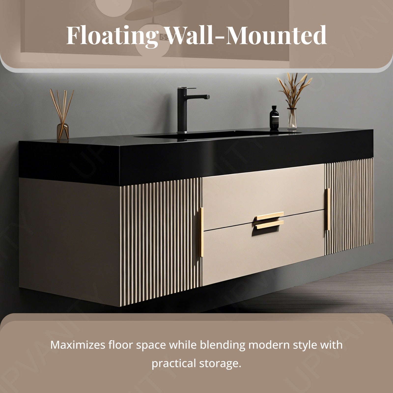 Elegant Bath Vanity Set, Beige, Black Slate Top, Fluted Panel, 40"-64", Single, Floating, Gold Accents, Smart LED Mirror