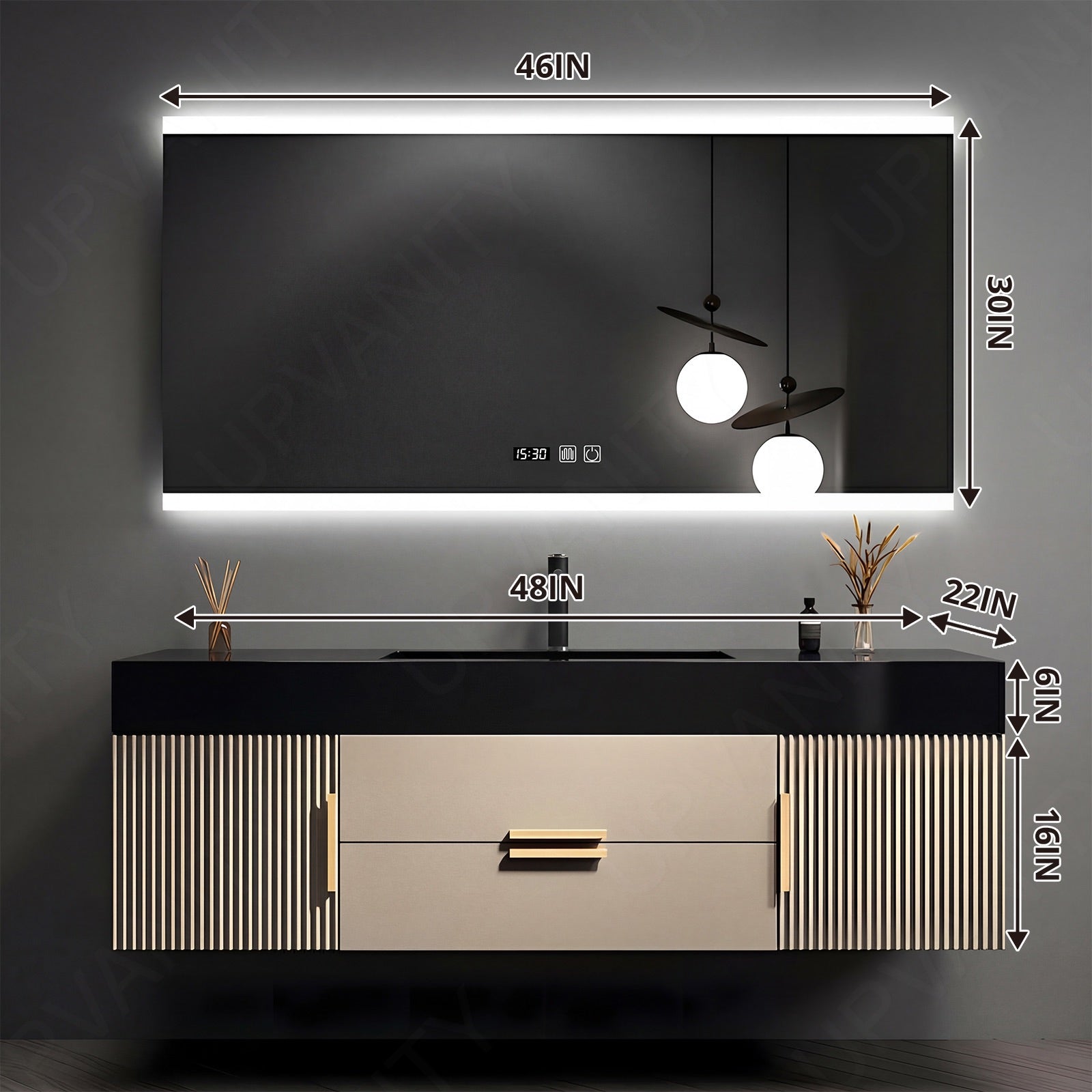 Elegant Bath Vanity Set, Beige, Black Slate Top, Fluted Panel, 40"-64", Single, Floating, Gold Accents, Smart LED Mirror