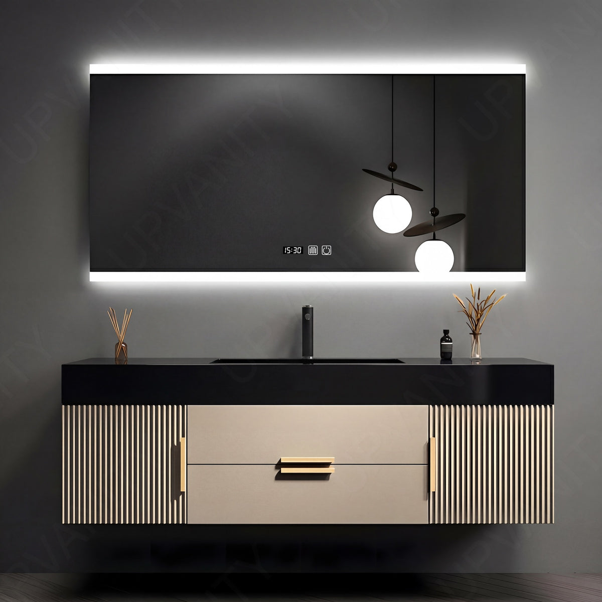 Elegant Bath Vanity Set, Beige, Black Slate Top, Fluted Panel, 40"-64", Single, Floating, Gold Accents, Smart LED Mirror