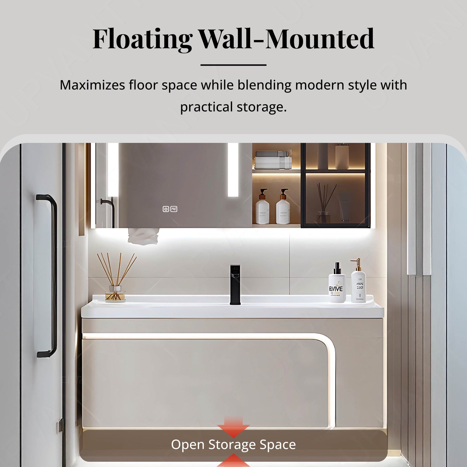 Elegant Bath Vanity Set, Beige, Glass Door, 36"- 60", Single, Floating, Sensor Light, Smart LED Mirror, Side Cabinet