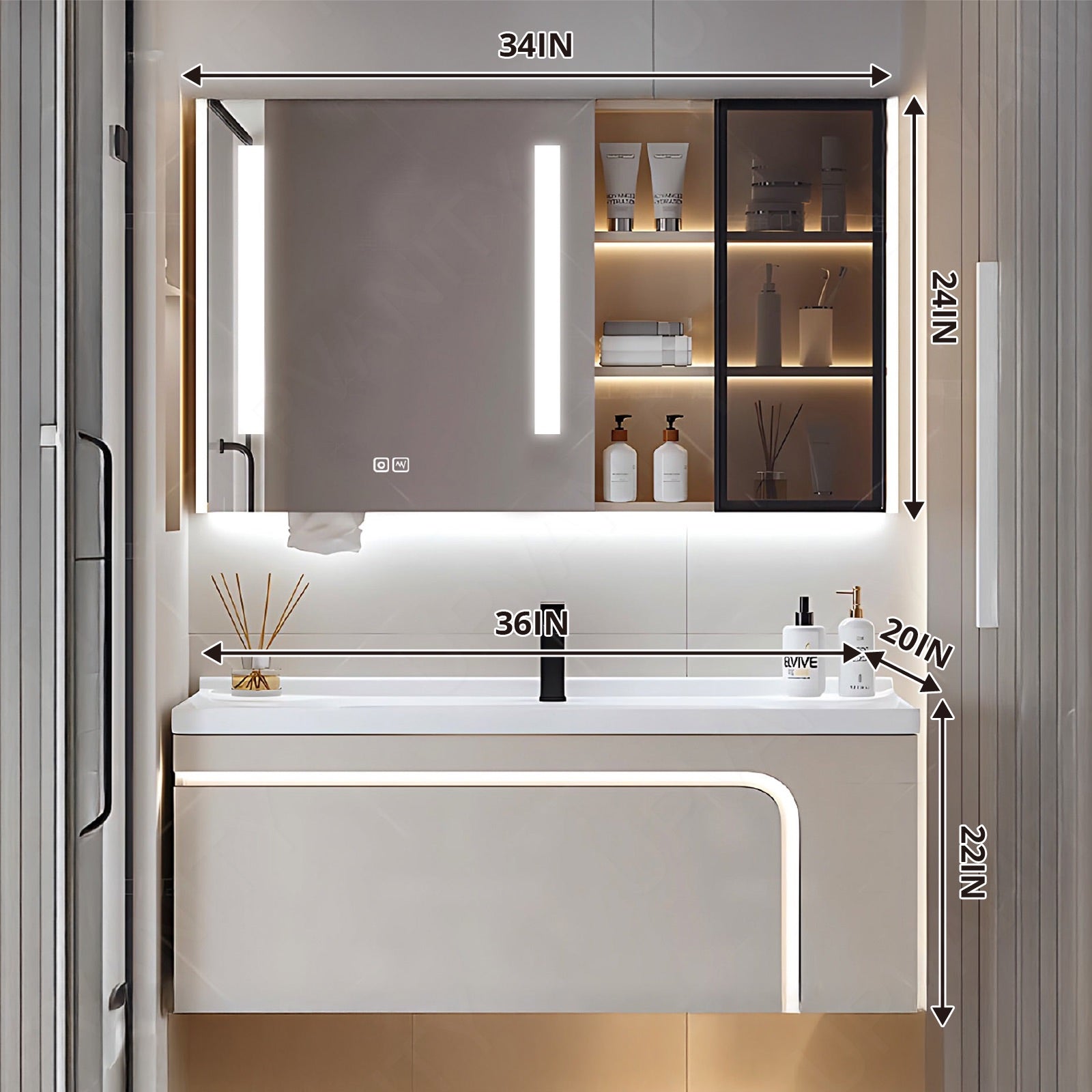 Elegant Bath Vanity Set, Beige, Glass Door, 36"- 60", Single, Floating, Sensor Light, Smart LED Mirror, Side Cabinet