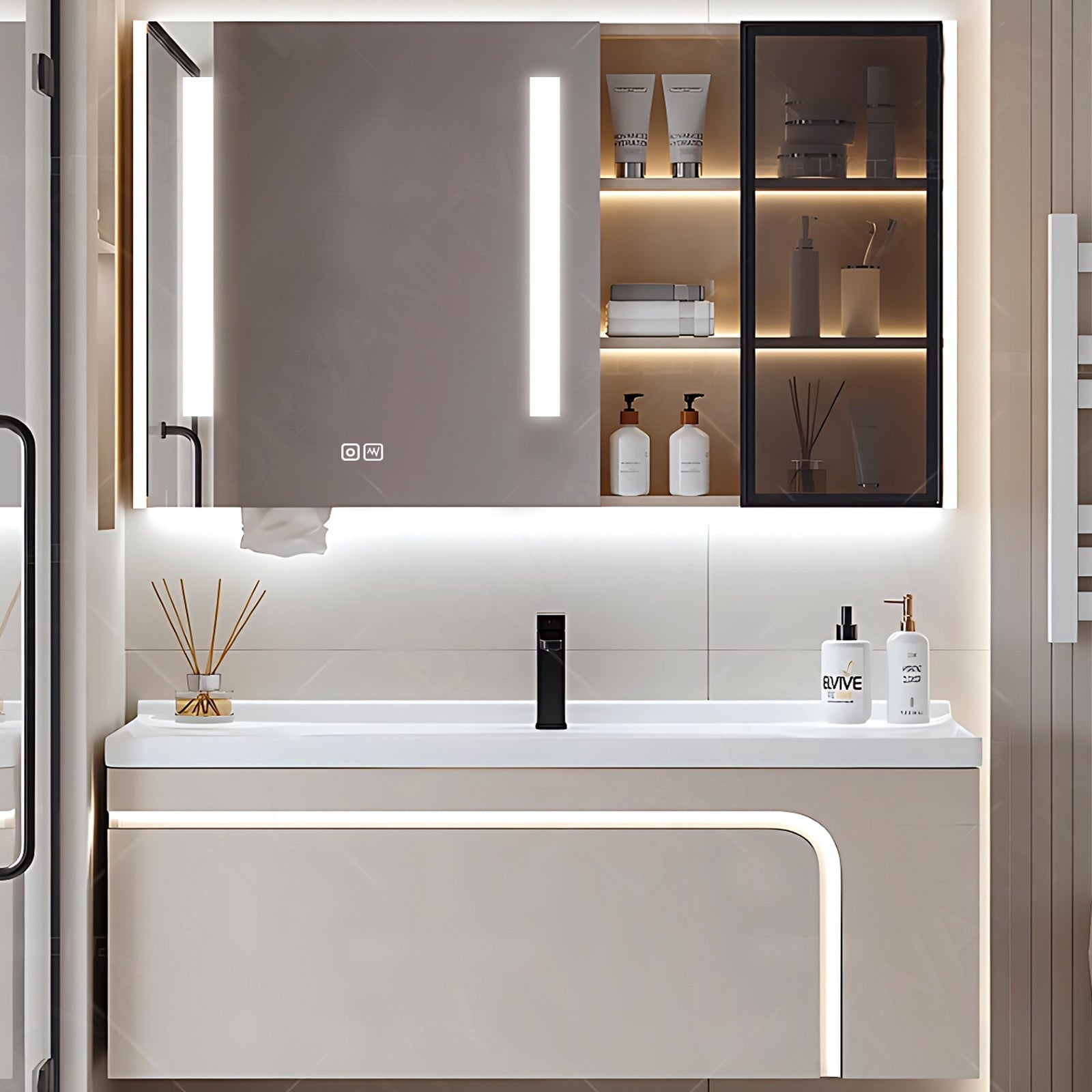 Elegant Bath Vanity Set, Beige, Glass Door, 36"- 60", Single, Floating, Sensor Light, Smart LED Mirror, Side Cabinet