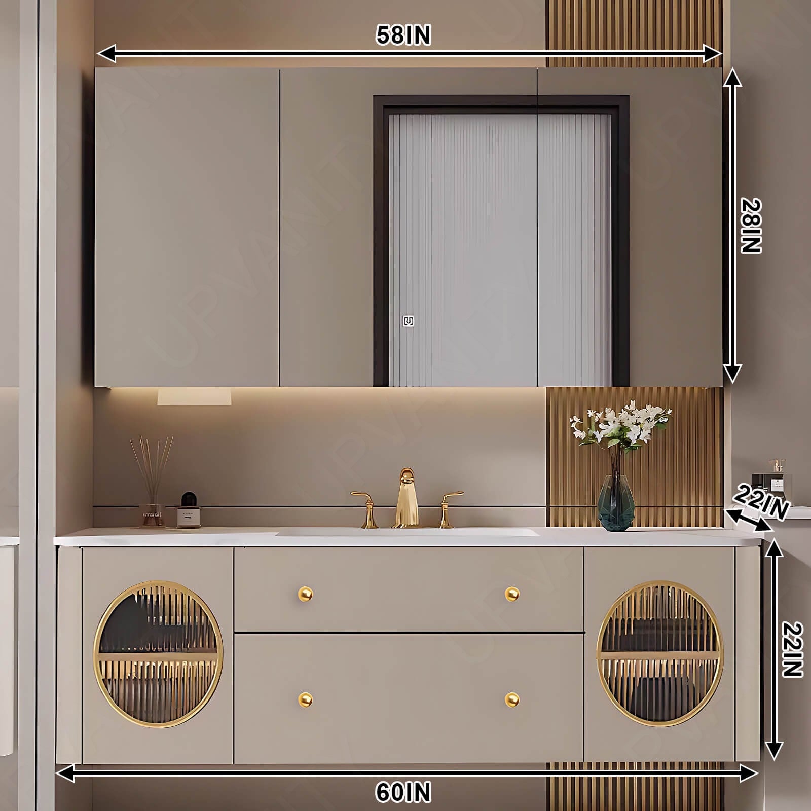 Elegant Bath Vanity Set, Beige, Gold Accents, Glass Door, 40"- 60", Single, Floating, Smart Led Mirror, Rear Cabinet