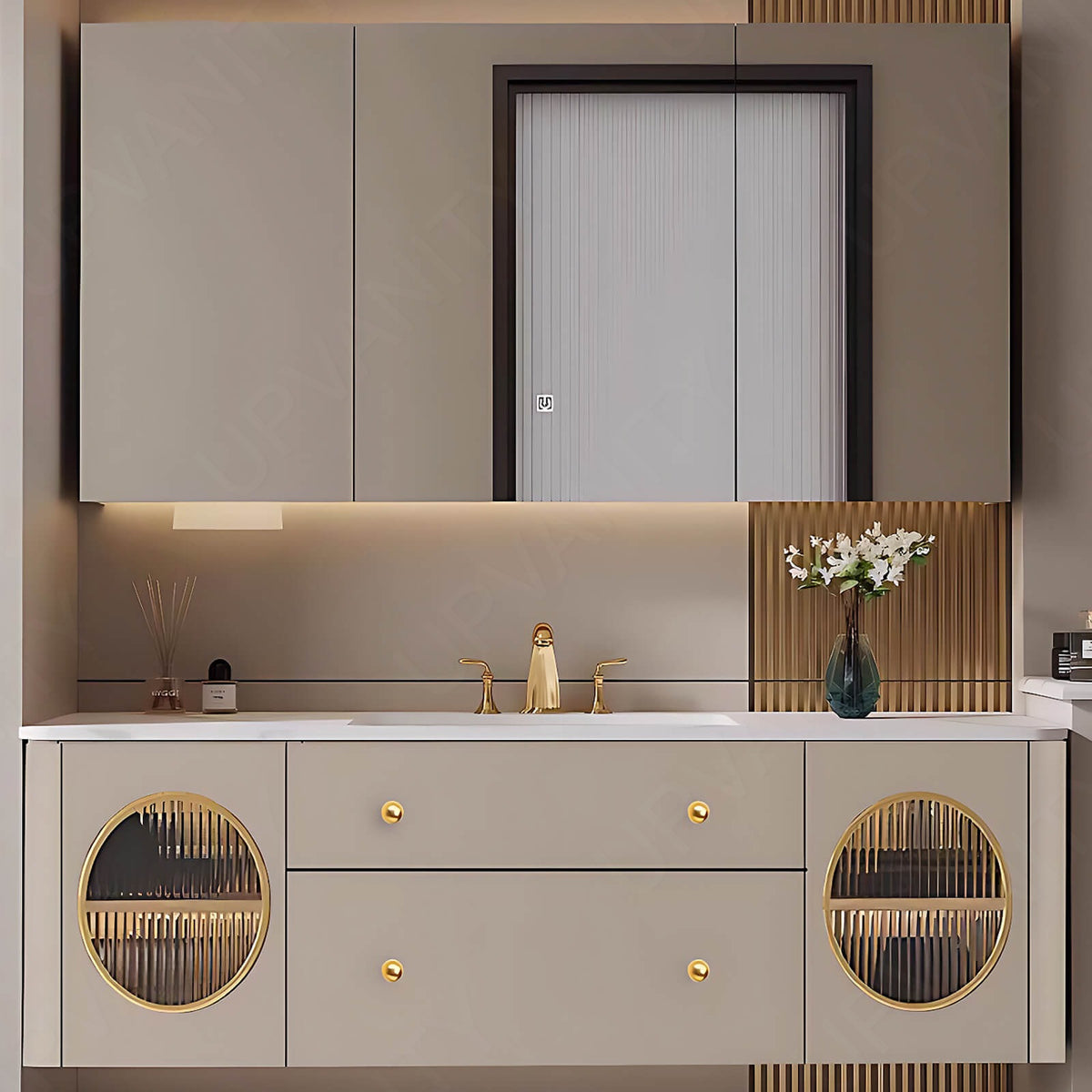 Elegant Bath Vanity Set, Beige, Gold Accents, Glass Door, 40"- 60", Single, Floating, Smart Led Mirror, Rear Cabinet