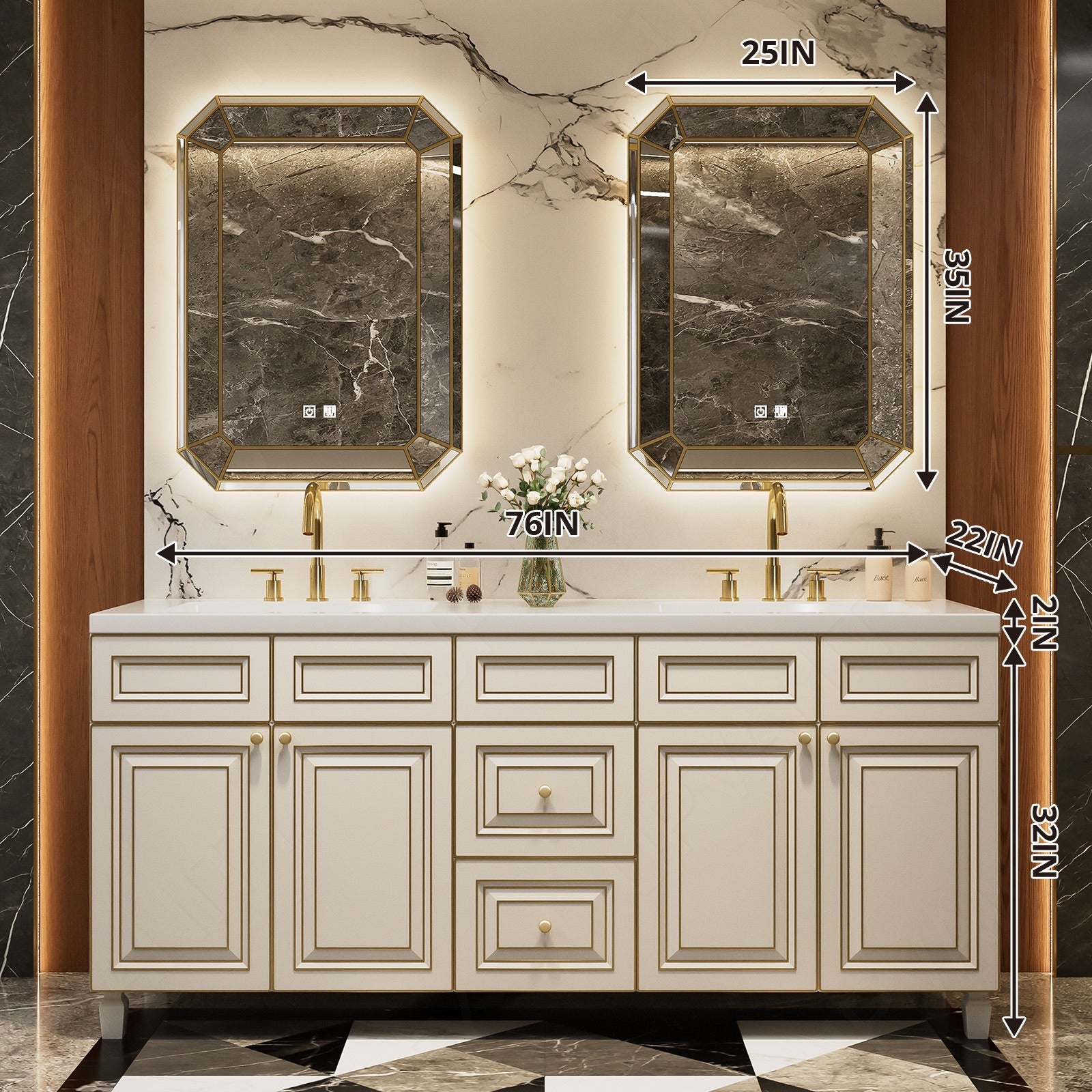 Elegant Bath Vanity Set, Beige, Gold Accents, 40"-78", Single/Double, Freestanding, Classic Panel, Dual Smart LED Mirror