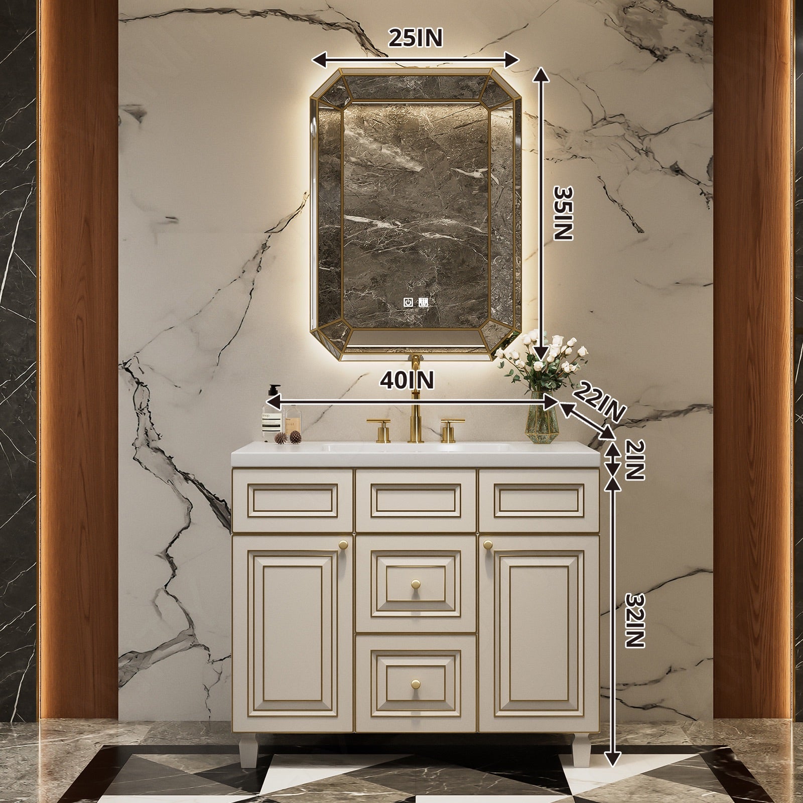 Elegant Bath Vanity Set, Beige, Gold Accents, 40"-78", Single/Double, Freestanding, Classic Panel, Dual Smart LED Mirror