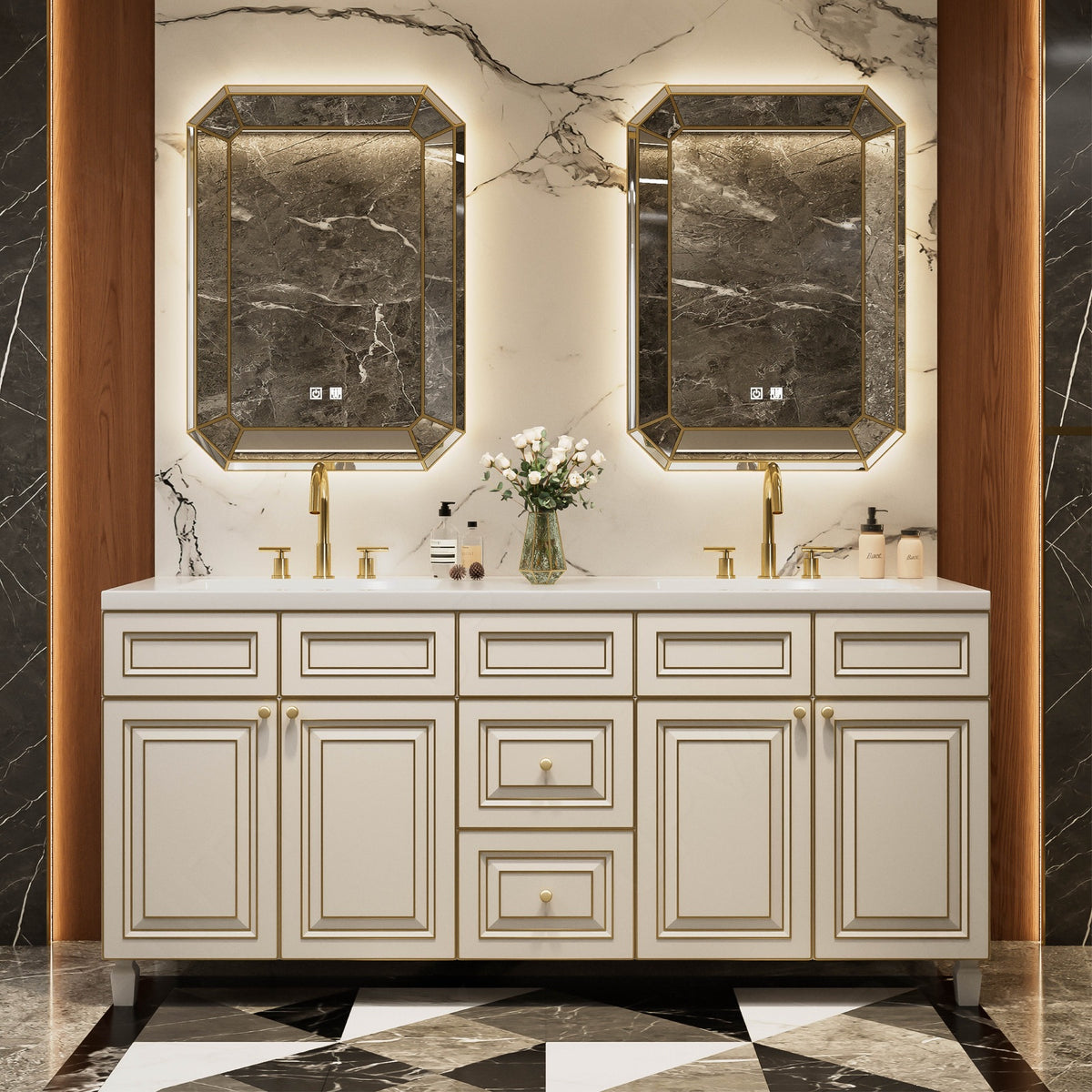 Elegant Bath Vanity Set, Beige, Gold Accents, 40"-78", Single/Double, Freestanding, Classic Panel, Dual Smart LED Mirror