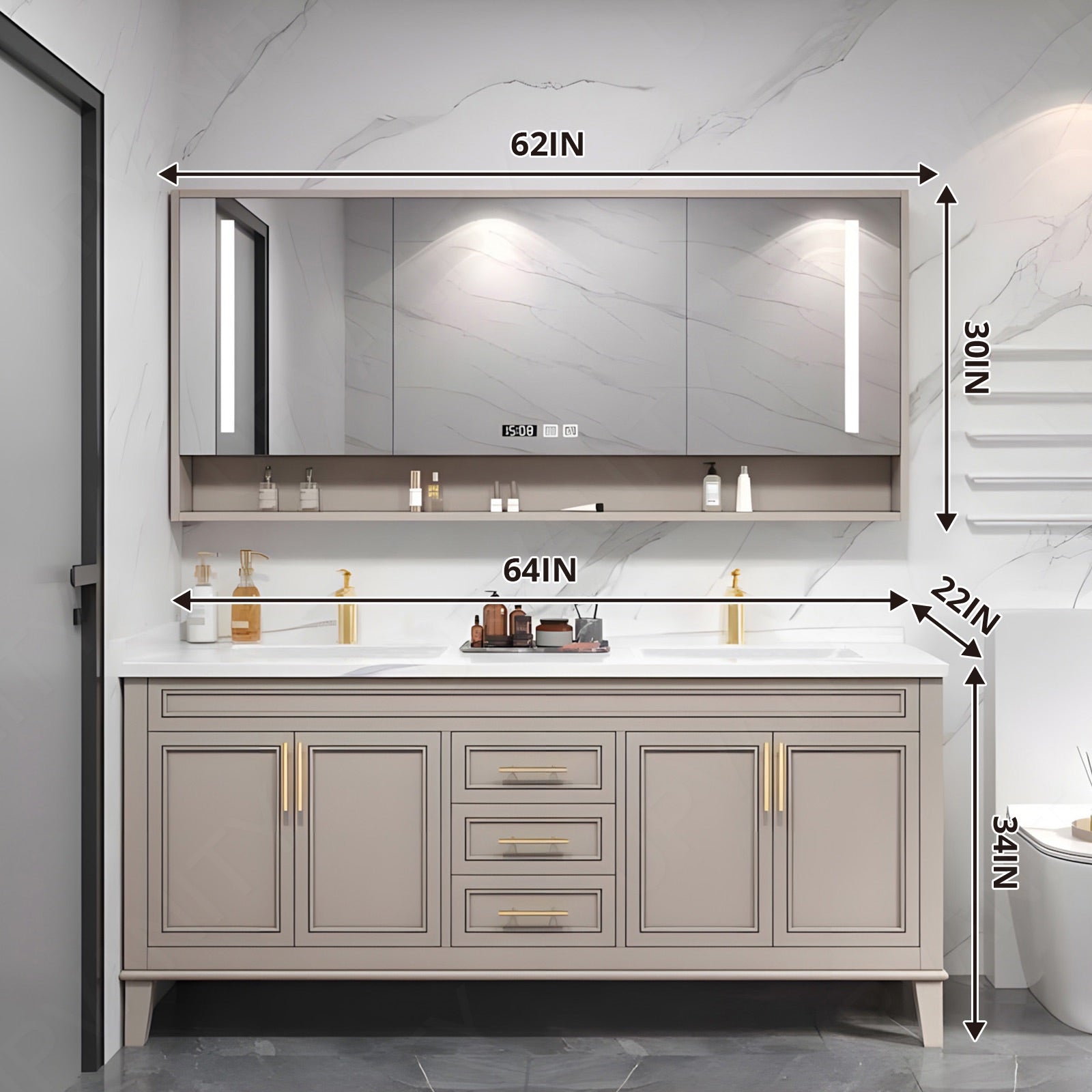 Elegant Bath Vanity Set, Beige, Gold Accents, 52"- 78", Double, Freestanding, Smart LED Mirror, Rear Cabinet