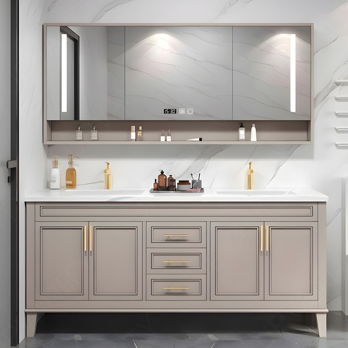 Elegant Bath Vanity Set, Beige, Gold Accents, 52"- 78", Double, Freestanding, Smart LED Mirror, Rear Cabinet