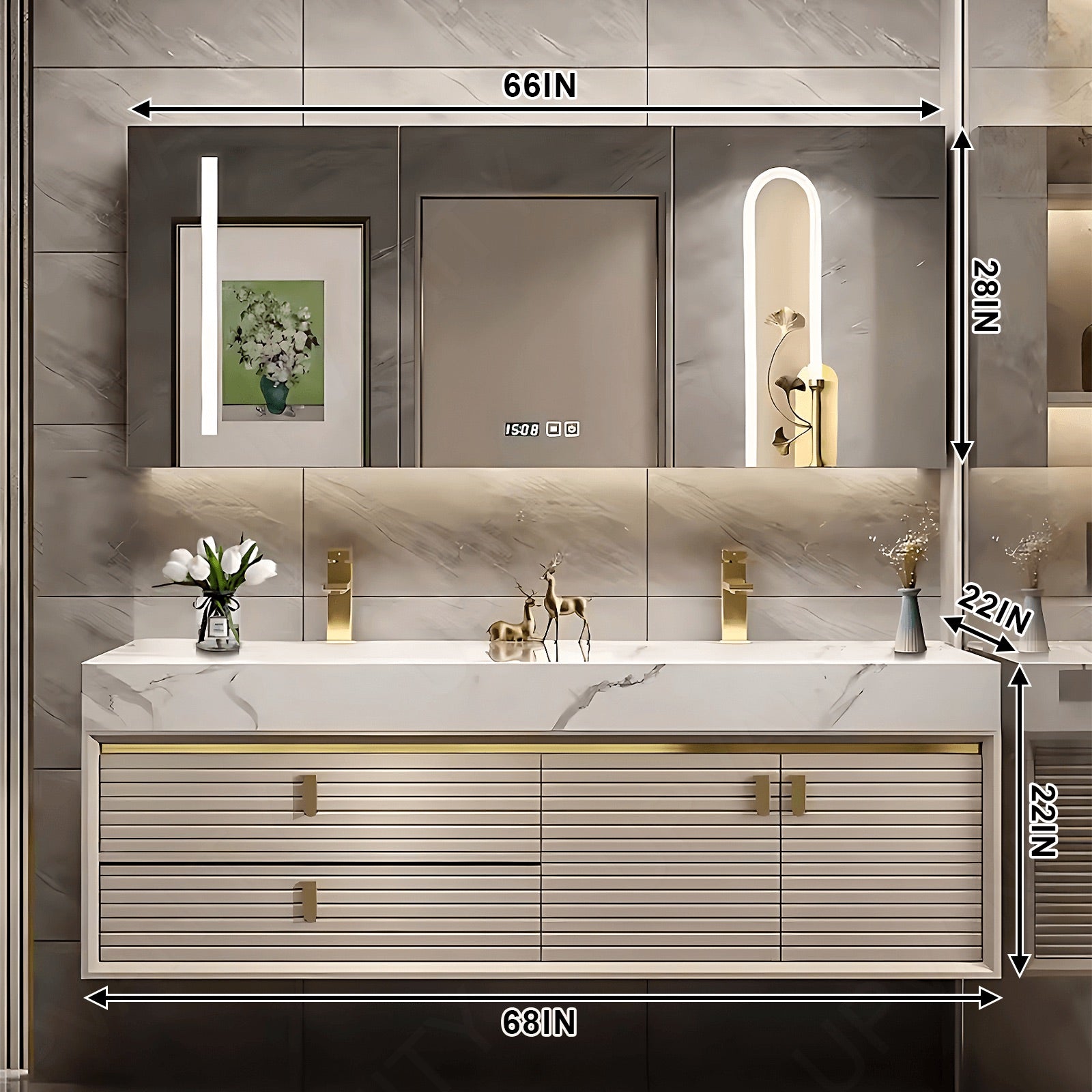 Elegant Bath Vanity Set, Beige, Gold Accents, Striped Panel,  52"- 78", Double, Floating, Smart LED Mirror, Rear Cabinet