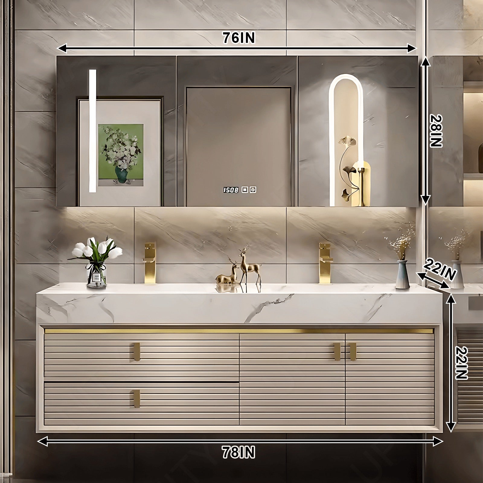 Elegant Bath Vanity Set, Beige, Gold Accents, Striped Panel,  52"- 78", Double, Floating, Smart LED Mirror, Rear Cabinet