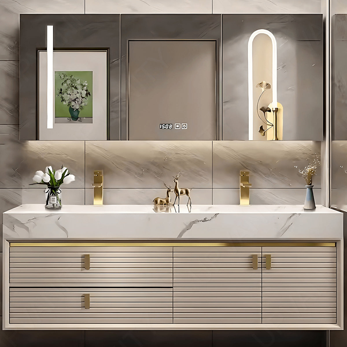 Elegant Bath Vanity Set, Beige, Gold Accents, Striped Panel,  52"- 78", Double, Floating, Smart LED Mirror, Rear Cabinet
