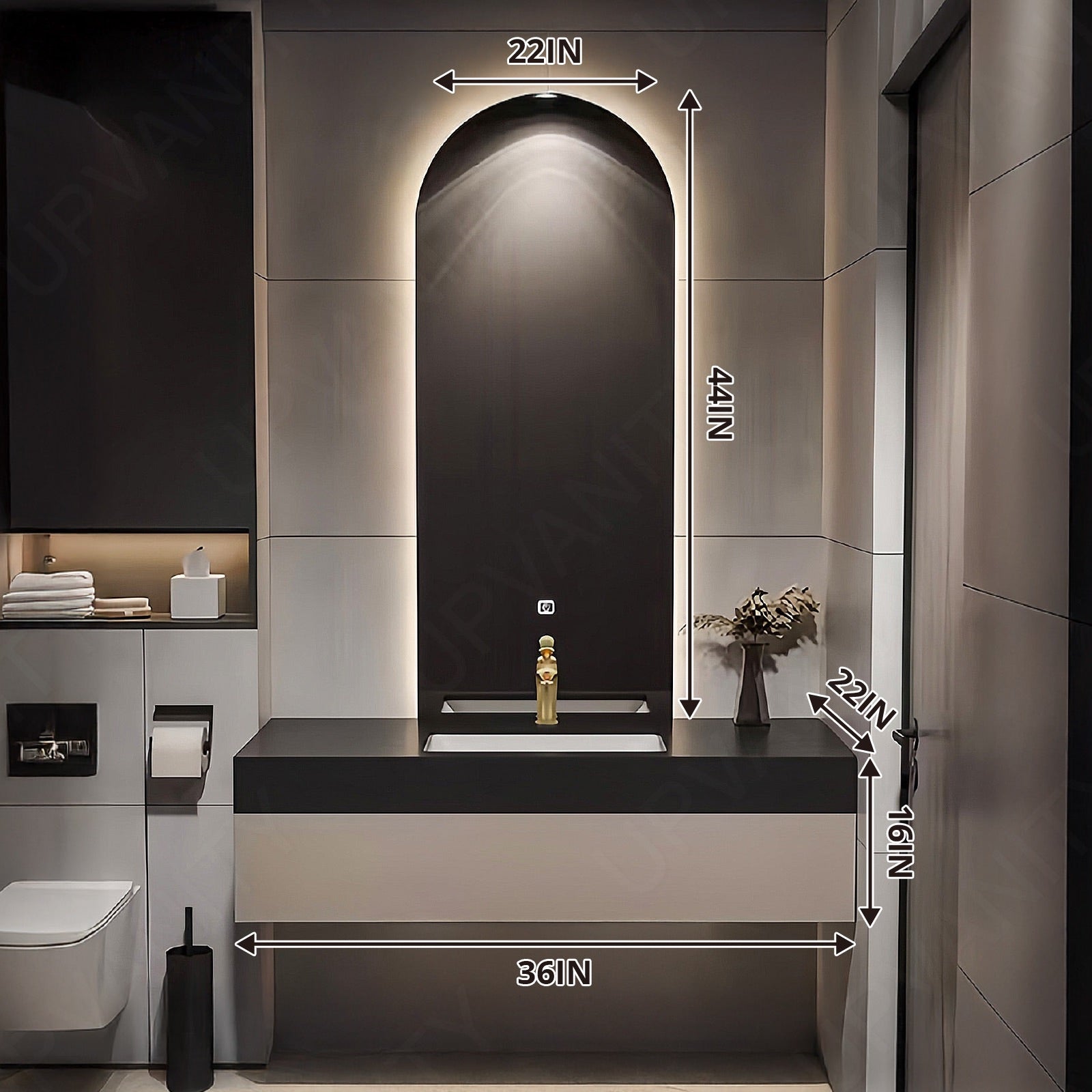 Elegant Bath Vanity Set, Beige, Joint Black Top, 36''-52'', Single, Floating, Oval Smart LED Mirror