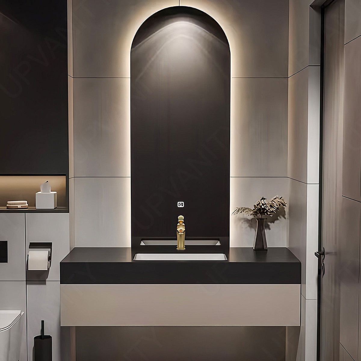 Elegant Bath Vanity Set, Beige, Joint Black Top, 36''-52'', Single, Floating, Oval Smart LED Mirror
