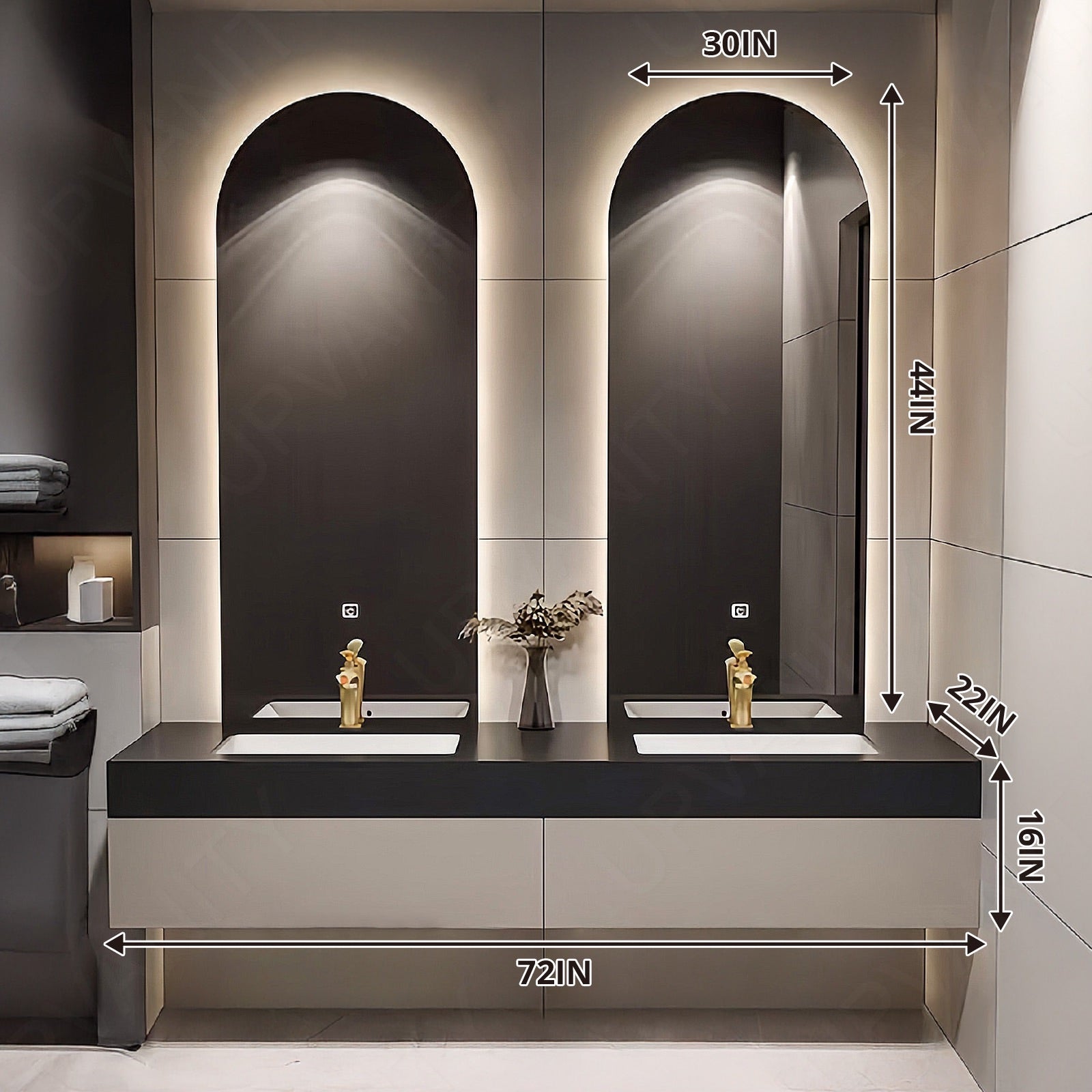 Elegant Bath Vanity Set, Beige, Joint Black Top, 56''-78'', Double, Floating, Oval Smart LED Mirror