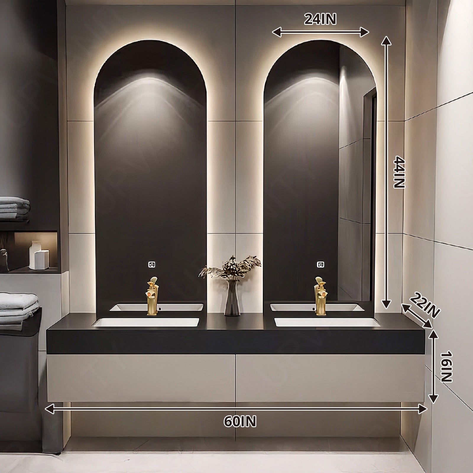 Elegant Bath Vanity Set, Beige, Joint Black Top, 56''-78'', Double, Floating, Oval Smart LED Mirror