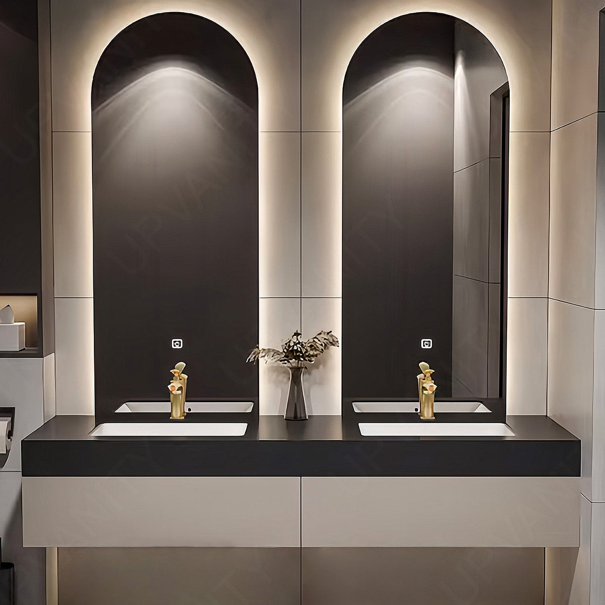 Elegant Bath Vanity Set, Beige, Joint Black Top, 56''-78'', Double, Floating, Oval Smart LED Mirror