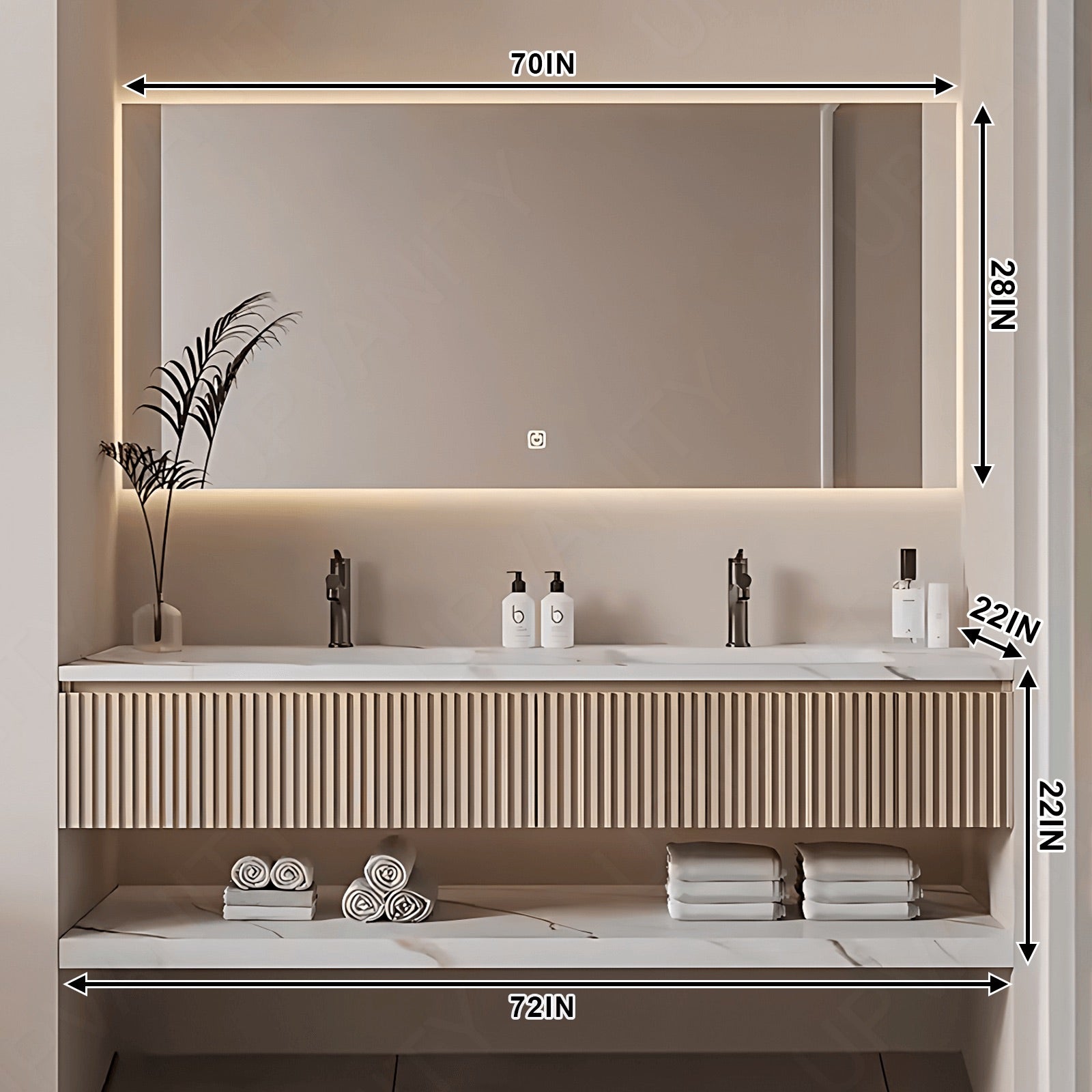 Elegant Bath Vanity Set, Beige, Joint White Top, 52"- 78", Double, Floating, Striped Panel, Smart LED Mirror