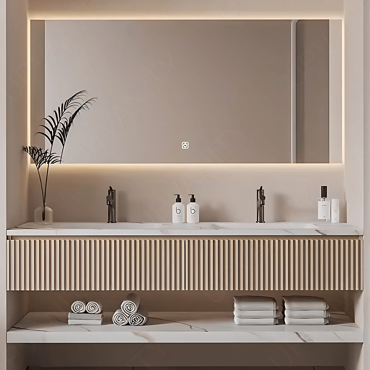 Elegant Bath Vanity Set, Beige, Joint White Top, 52"- 78", Double, Floating, Striped Panel, Smart LED Mirror