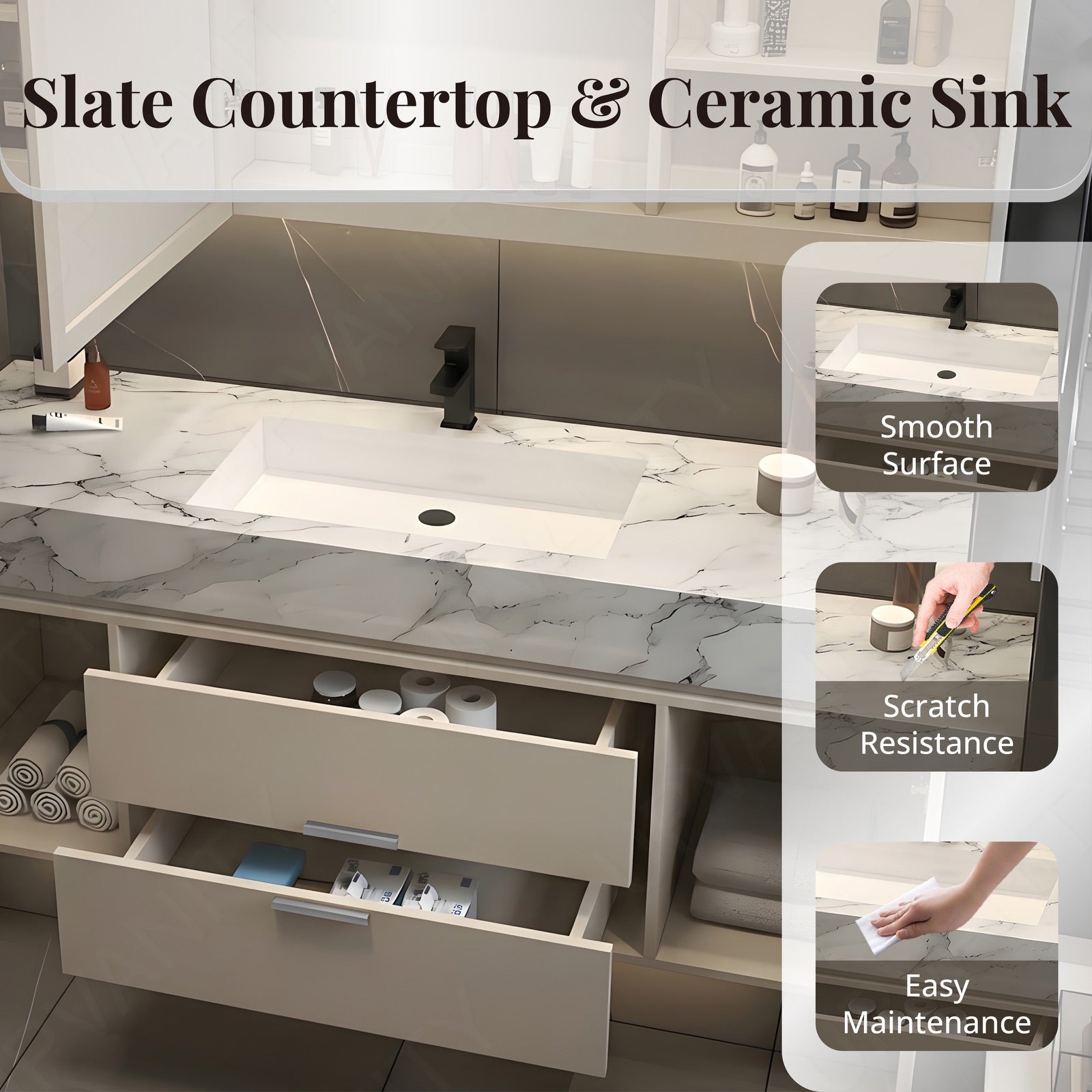 Elegant Bath Vanity Set, Beige, Black Slate Top, Fluted Panel, 40