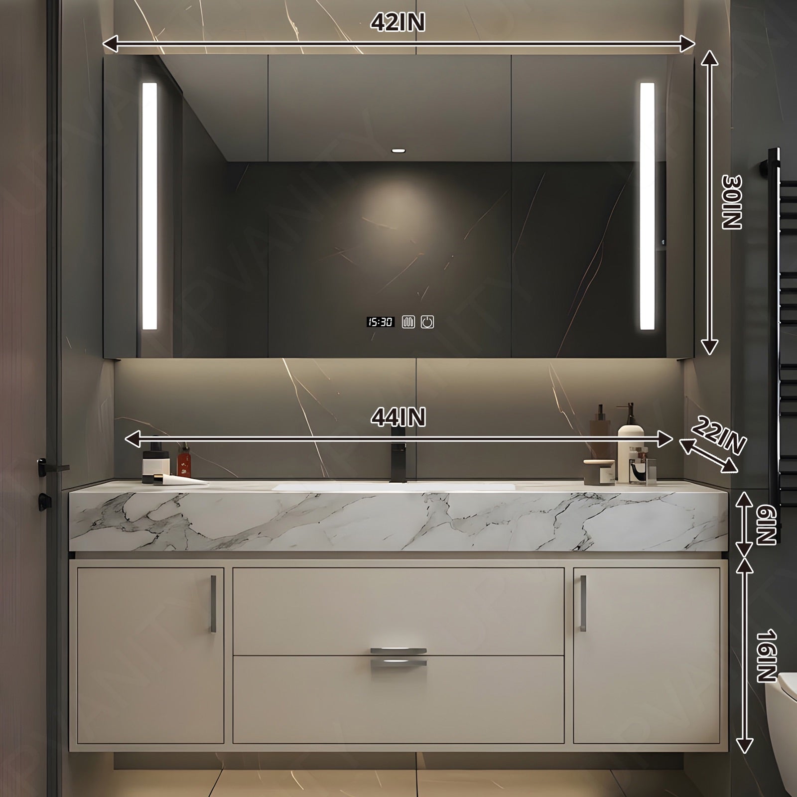 Elegant Bath Vanity Set, Beige, Marble Textured Top, 40"- 68", Single, Floating, Smart LED Mirror, Rear Cabinet