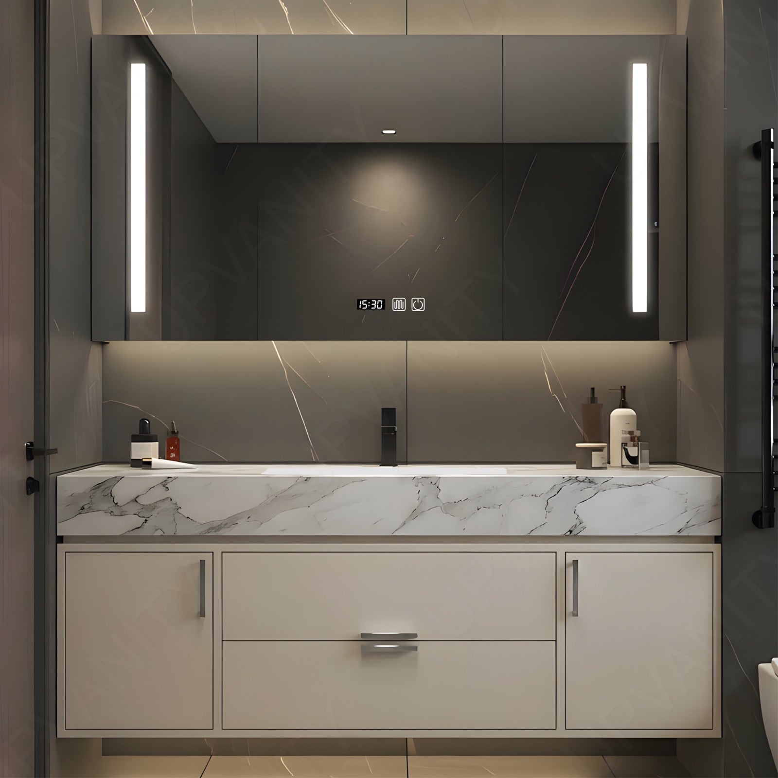 Elegant Bath Vanity Set, Beige, Black Slate Top, Fluted Panel, 40