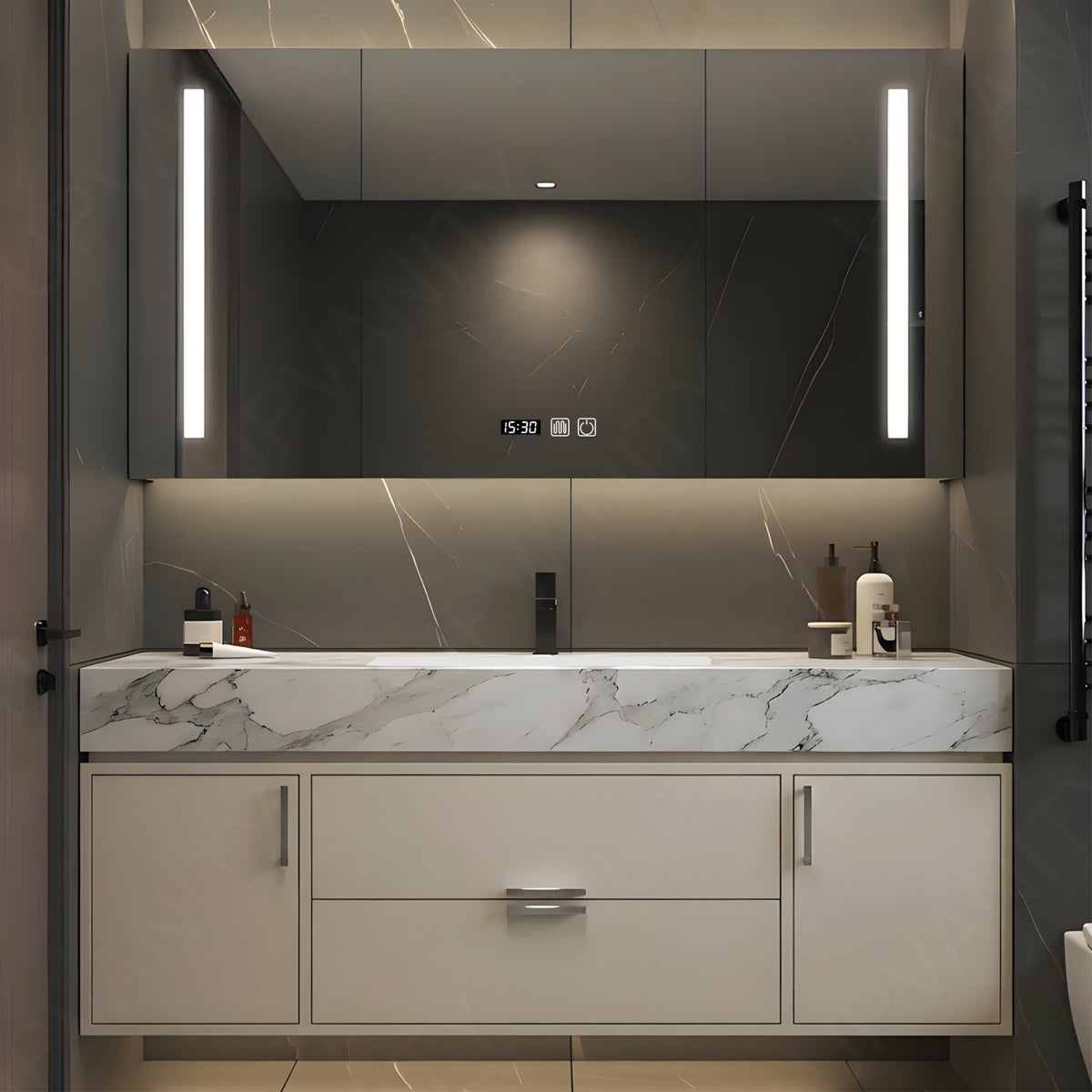 Elegant Bath Vanity Set, Beige, Marble Textured Top, 40"- 68", Single, Floating, Smart LED Mirror, Rear Cabinet