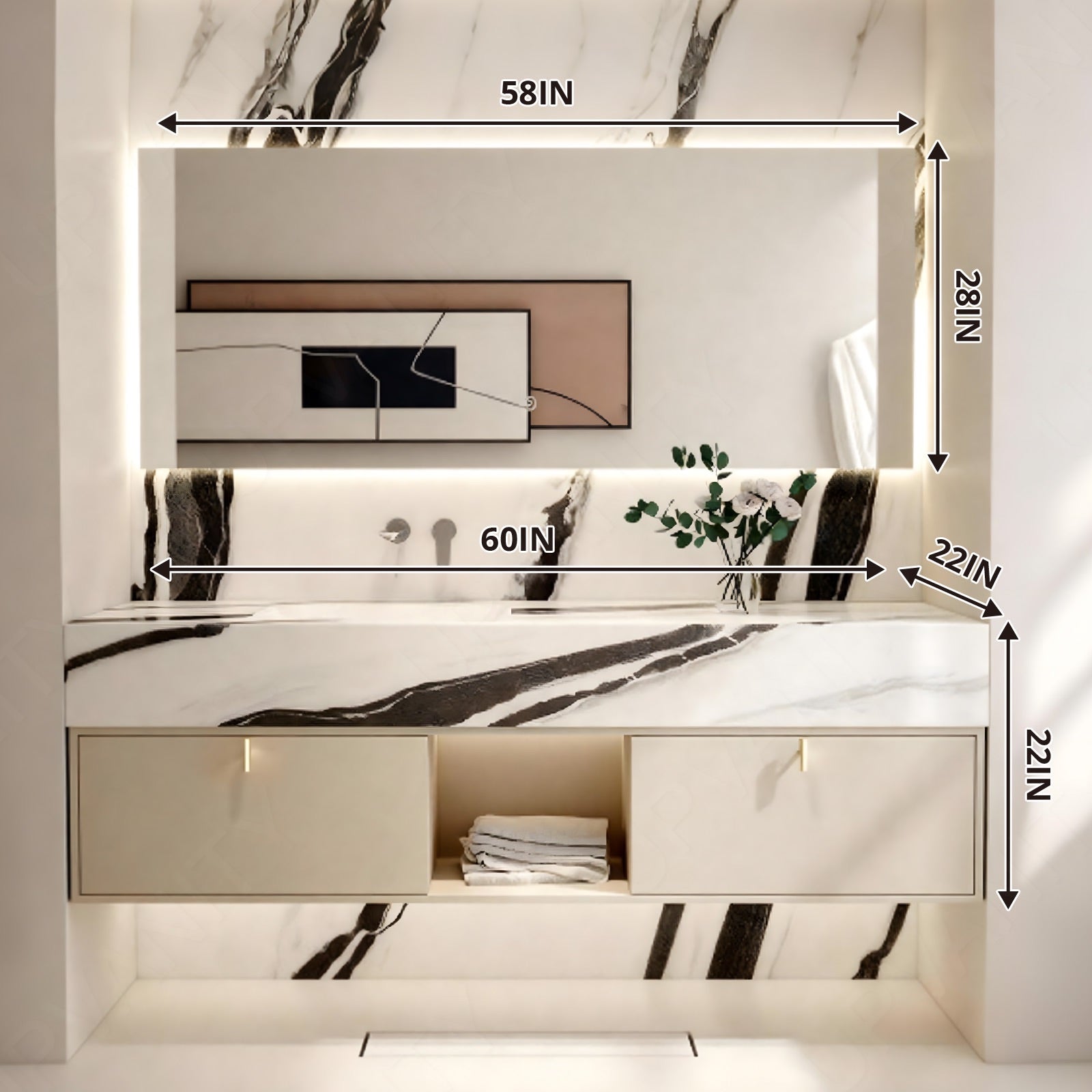 Elegant Bath Vanity Set, Beige, Marble Textured Top, 52"-72", Single, Floating, Smart LED Mirror, Rear Cabinet