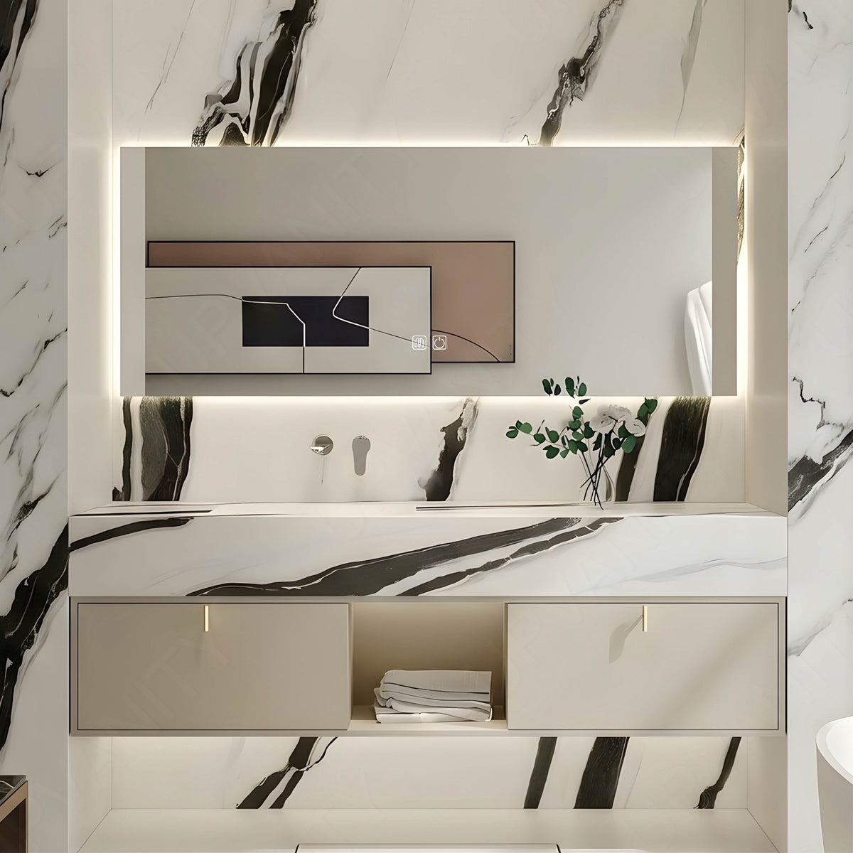 Elegant Bath Vanity Set, Beige, Marble Textured Top, 52"-72", Single, Floating, Smart LED Mirror, Rear Cabinet