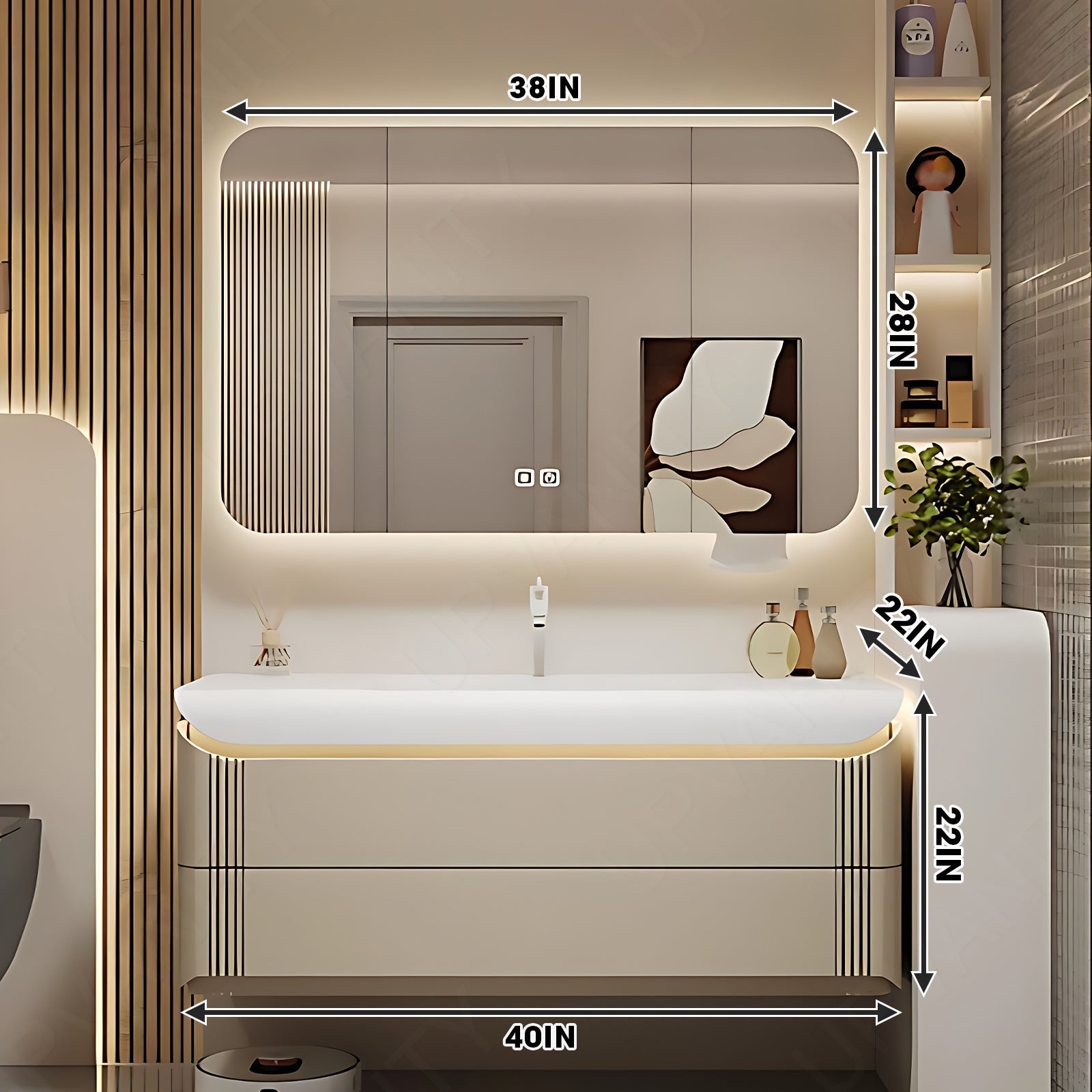 Elegant Bath Vanity Set, Beige, Rounded Edge, 36"- 72", Single, Floating, Sensor Light, Smart LED Mirror, Rear Cabinet
