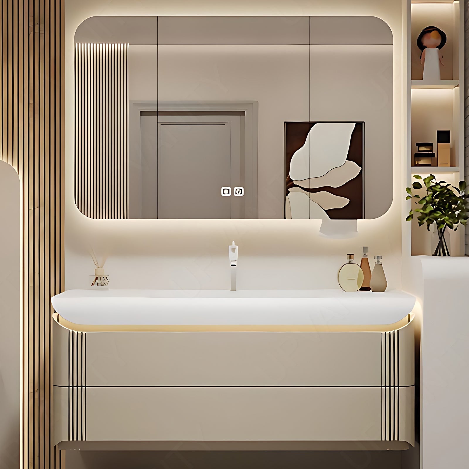 Elegant Bath Vanity Set, Beige, Rounded Edge, 36"- 72", Single, Floating, Sensor Light, Smart LED Mirror, Rear Cabinet