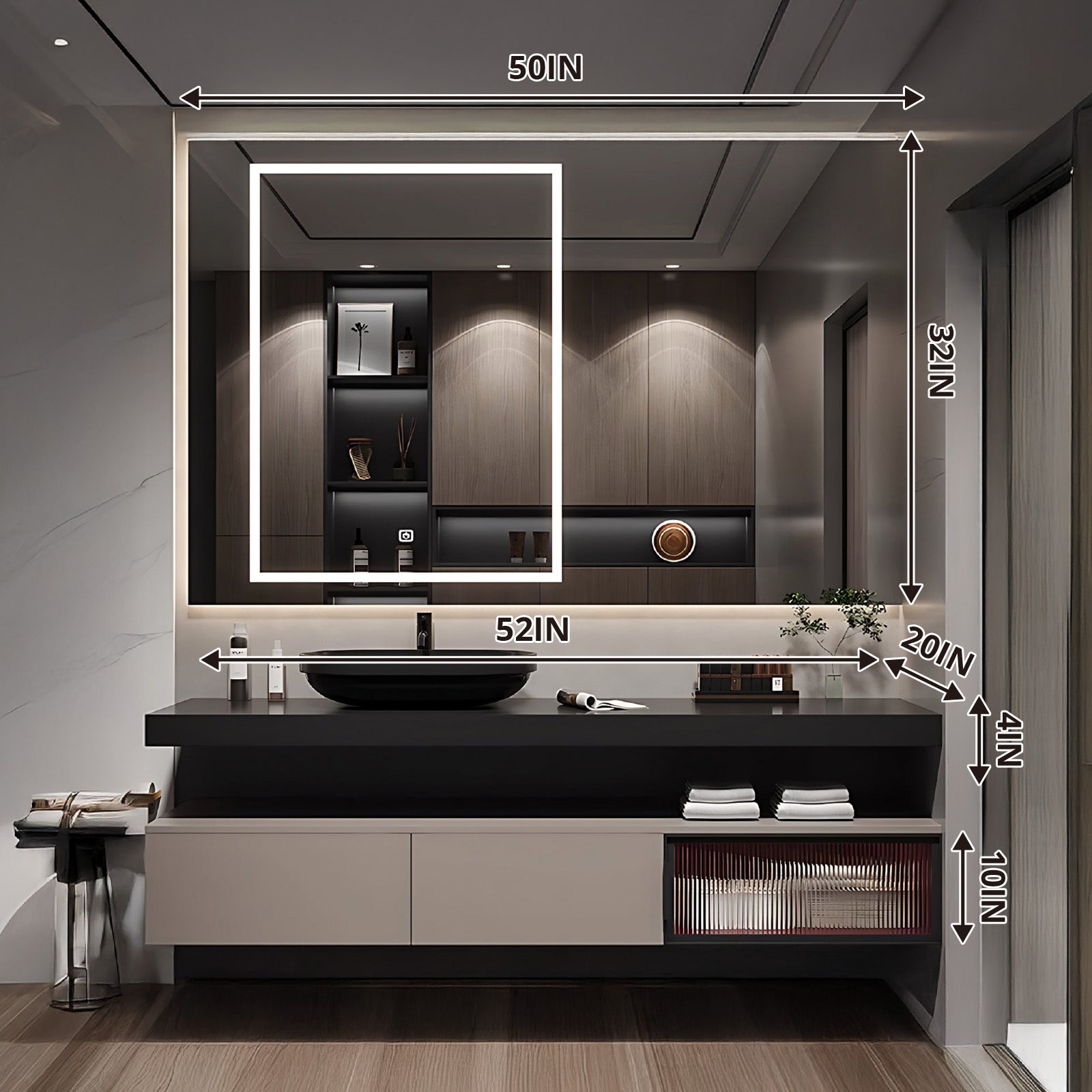 Elegant Bath Vanity Set, Beige, Split Black Top, 52"-78", Single, Floating, Vessel Sink, Smart LED Mirror