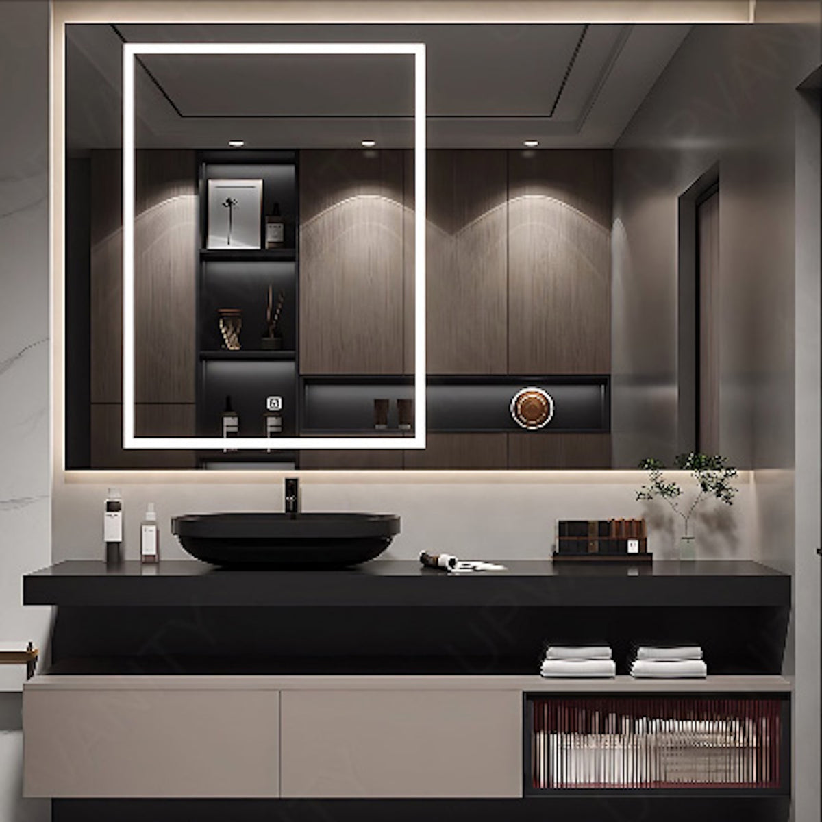 Elegant Bath Vanity Set, Beige, Split Black Top, 52"-78", Single, Floating, Vessel Sink, Smart LED Mirror