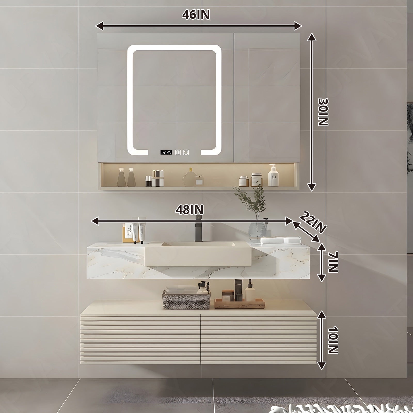 Elegant Bath Vanity Set, Beige, Split White Top, 32"-68", Single/Double, Floating, Open Storage, Smart LED Mirror, Rear Cabinet