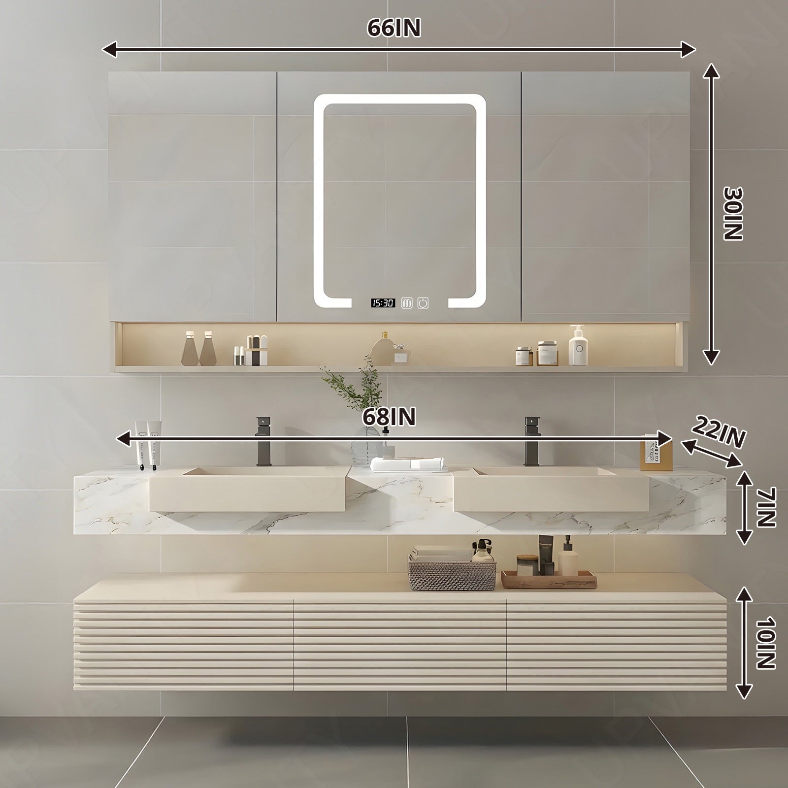 Elegant Bath Vanity Set, Beige, Split White Top, 32"-68", Single/Double, Floating, Open Storage, Smart LED Mirror, Rear Cabinet