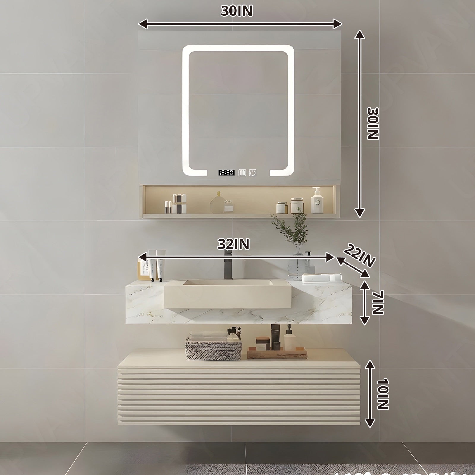 Elegant Bath Vanity Set, Beige, Split White Top, 32"-68", Single/Double, Floating, Open Storage, Smart LED Mirror, Rear Cabinet