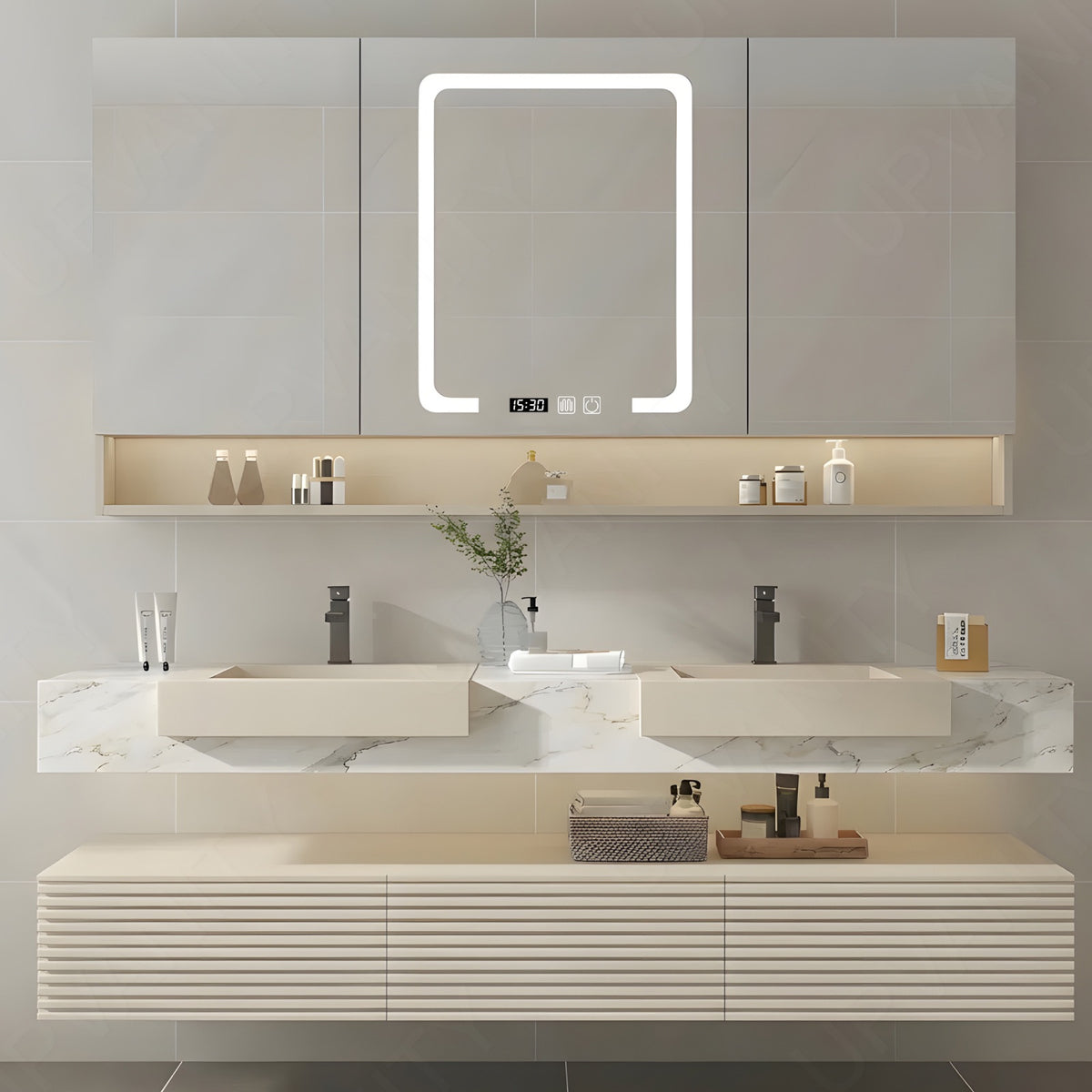 Elegant Bath Vanity Set, Beige, Split White Top, 32"-68", Single/Double, Floating, Open Storage, Smart LED Mirror, Rear Cabinet