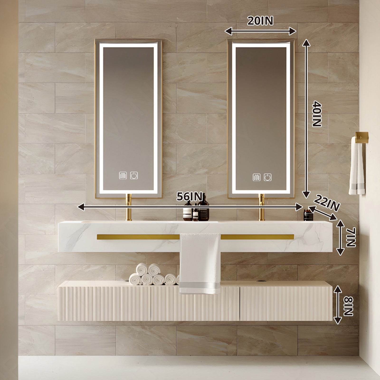 Elegant Bath Vanity Set, Beige, Split White Top, 56"-78", Fluted Panel, Double, Floating, Smart LED Mirror, Towel Rack
