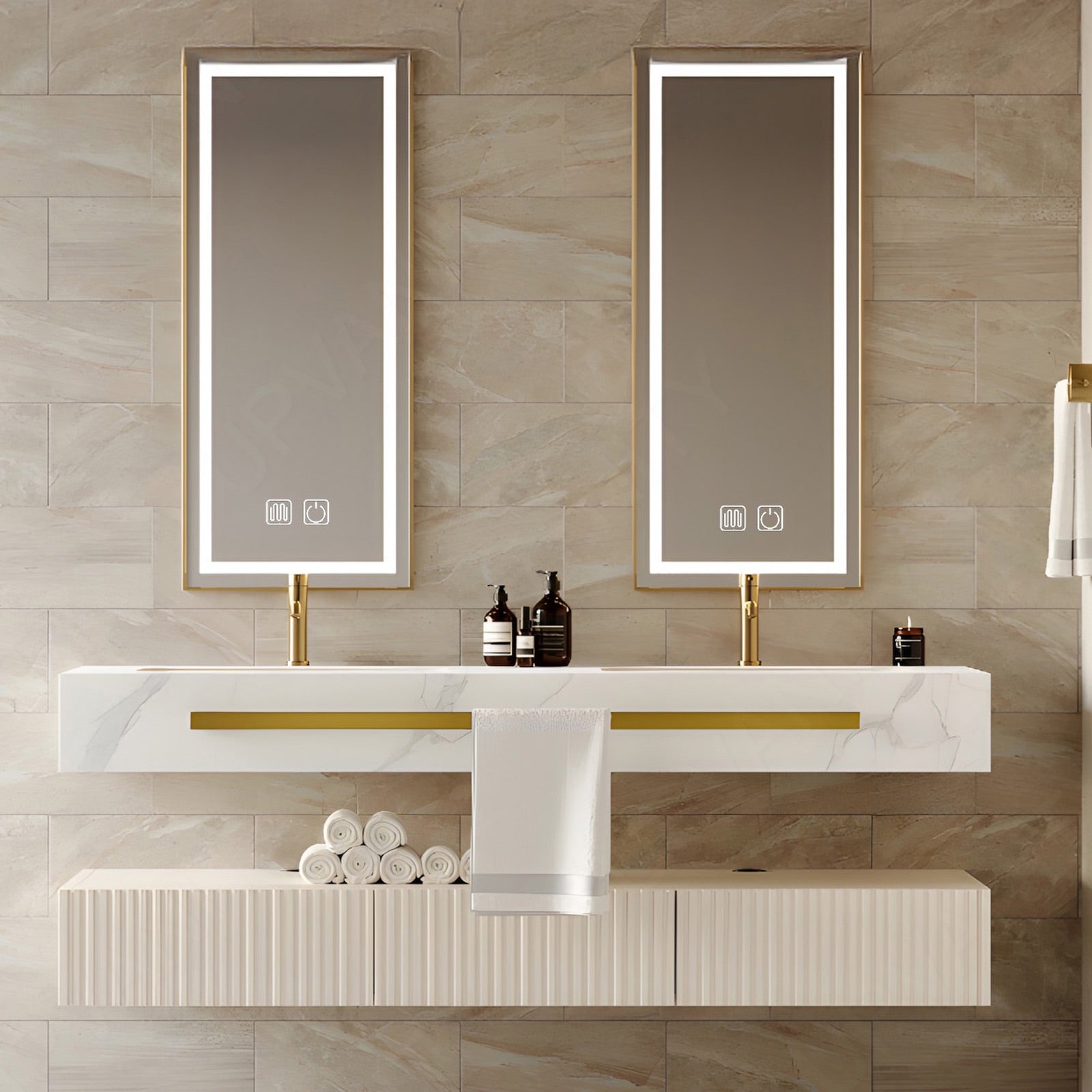 Elegant Bath Vanity Set, Beige, Split White Top, 56"-78", Fluted Panel, Double, Floating, Smart LED Mirror, Towel Rack