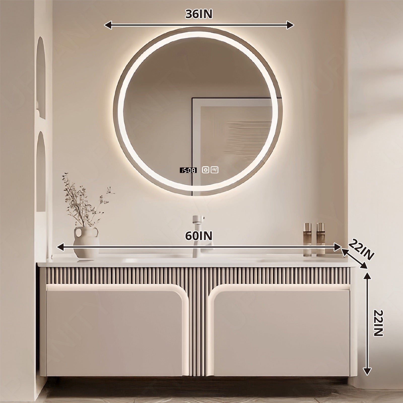 Elegant Bath Vanity Set, Beige, Striped and Classic Panel, 36"- 64", Single, Floating, Sensor Light, Round Smart LED Mirror