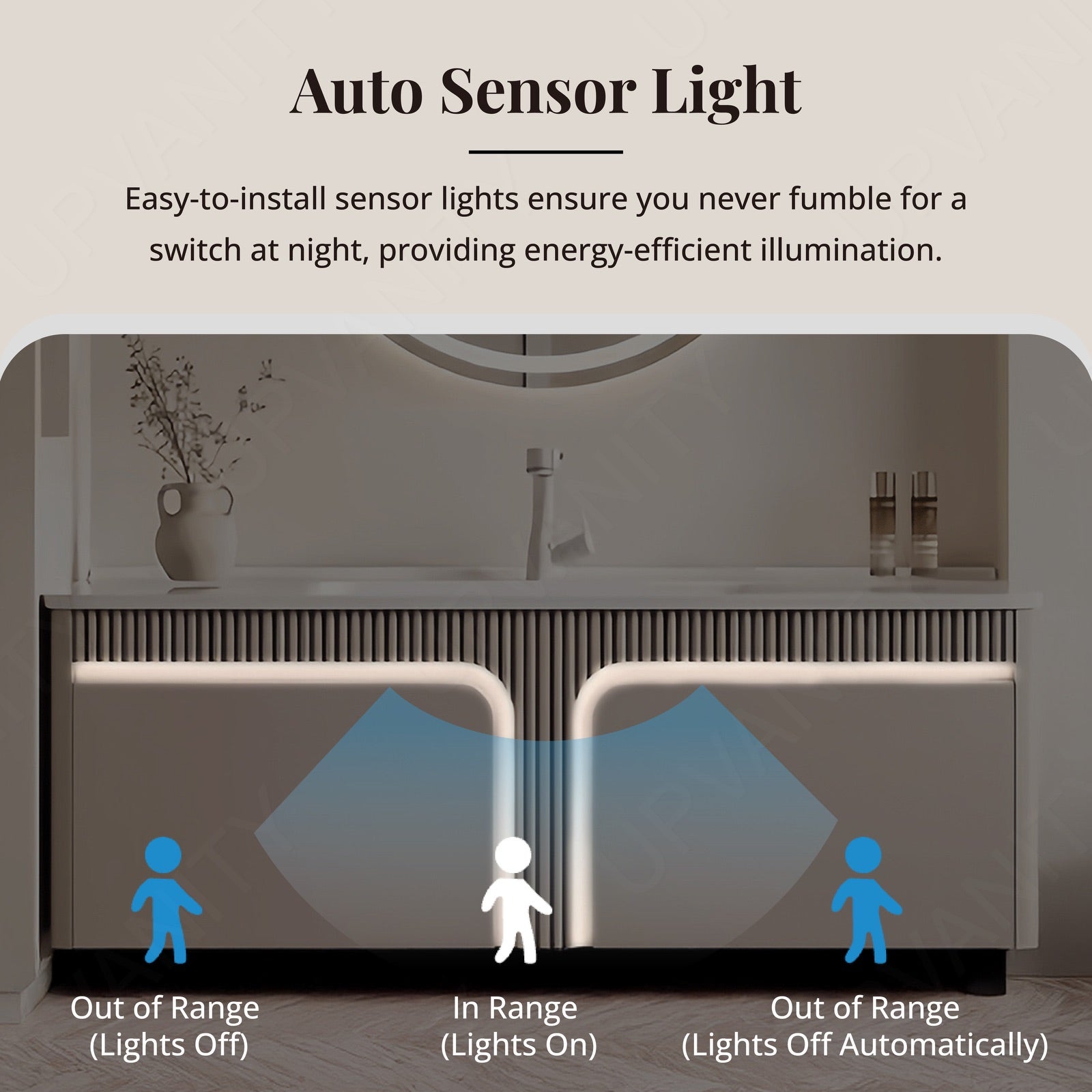 Elegant Bath Vanity Set, Beige, Striped and Classic Panel, 36"- 64", Single, Floating, Sensor Light, Round Smart LED Mirror