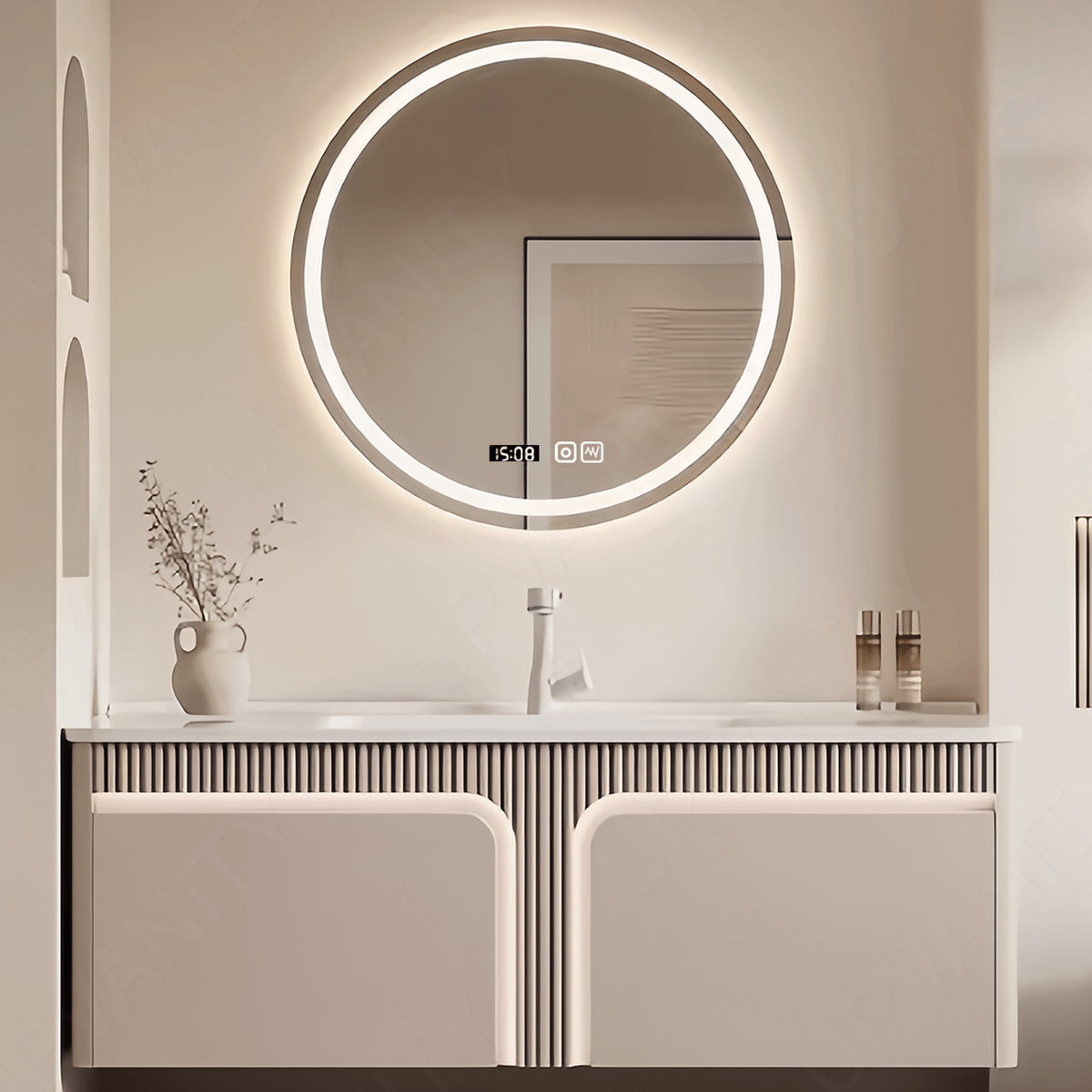 Elegant Bath Vanity Set, Beige, Striped and Classic Panel, 36"- 64", Single, Floating, Sensor Light, Round Smart LED Mirror