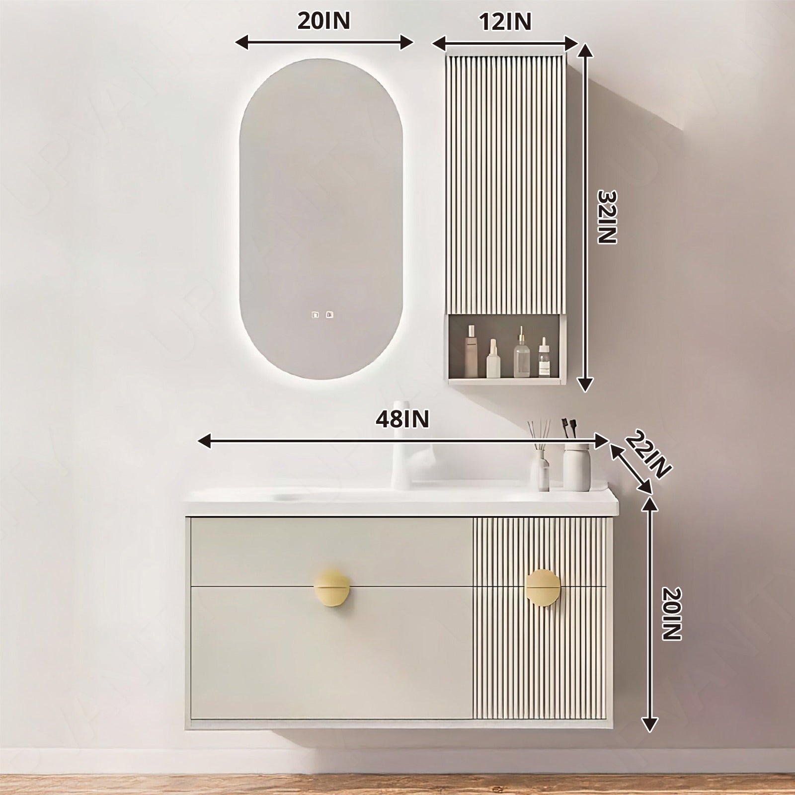 Elegant Bath Vanity Set, Beige, Striped Panel, 36"- 48", Single, Floating, Oval Smart LED Mirror, Side Cabinet