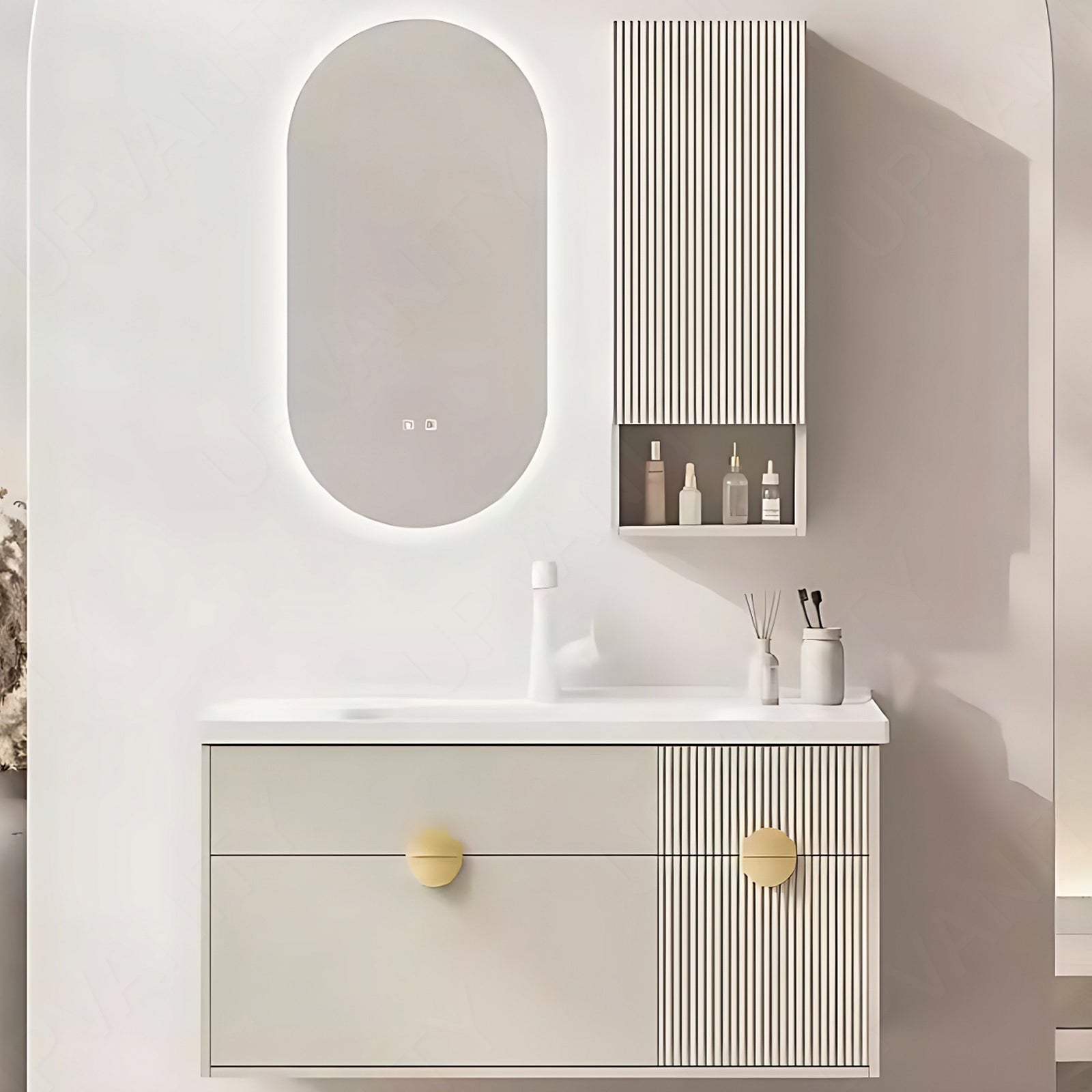 Elegant Bath Vanity Set, Beige, Striped Panel, 36"- 48", Single, Floating, Oval Smart LED Mirror, Side Cabinet