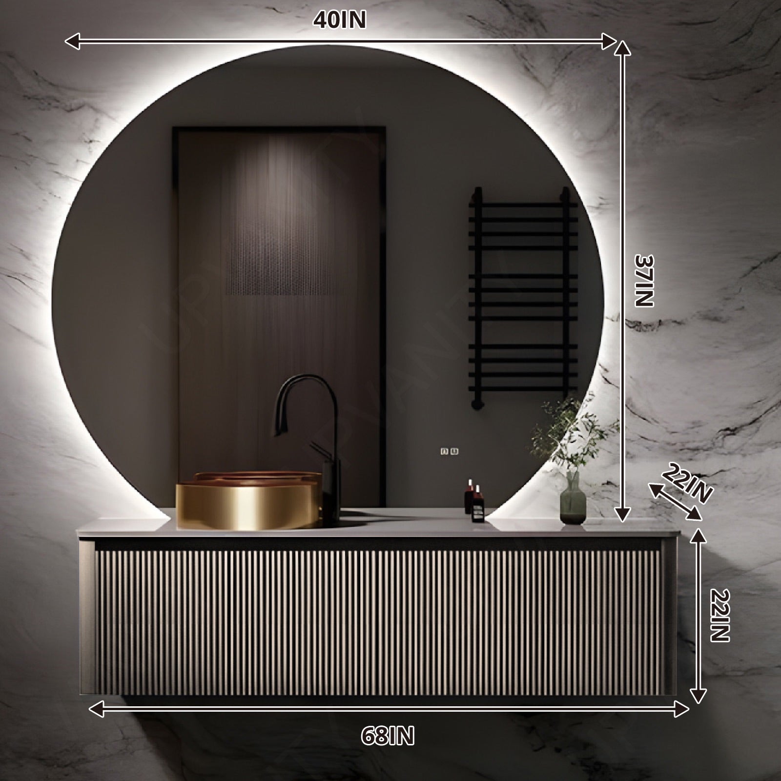 Elegant Bath Vanity Set, Beige, Striped Panel, 36"- 72", Single, Floating, Round Smart LED Mirror
