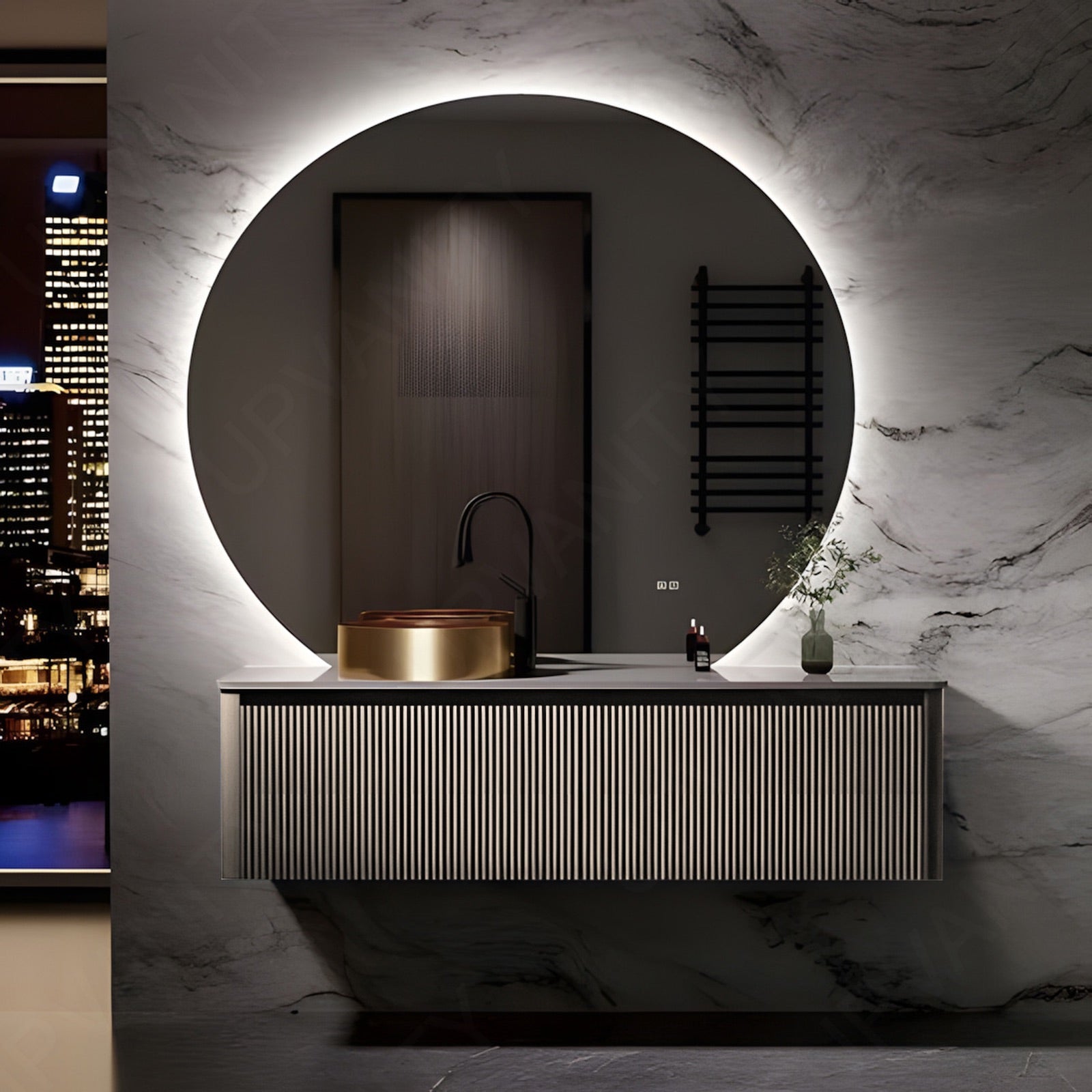Elegant Bath Vanity Set, Beige, Striped Panel, 36"- 72", Single, Floating, Round Smart LED Mirror