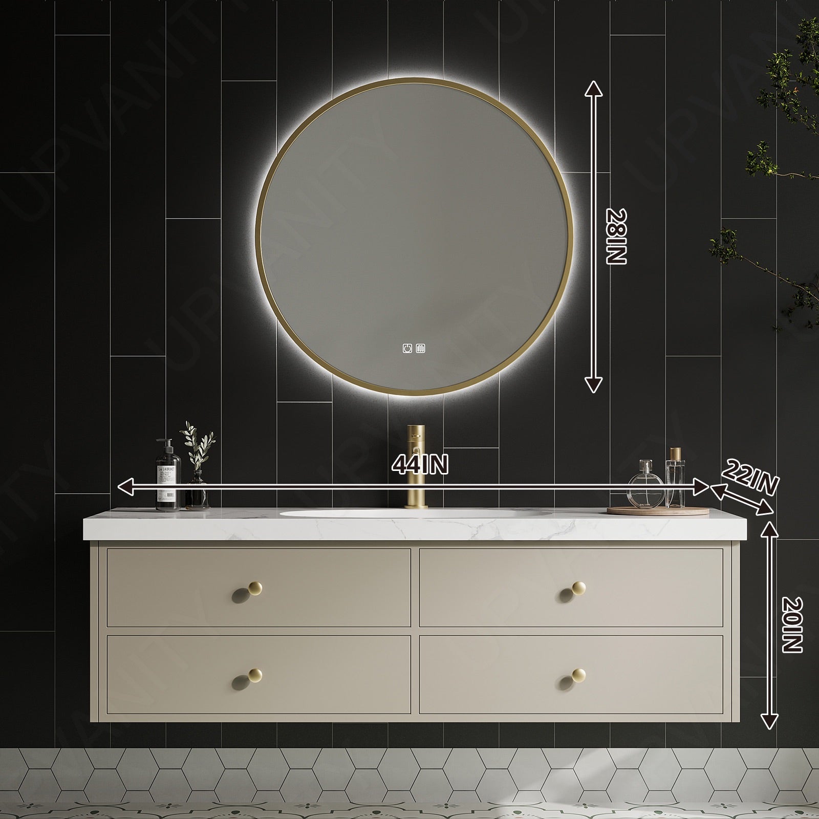 Elegant Bath Vanity Set, Beige,  White Marble Textured Top, 36"-64", Single, Floating, Sectional Storage, Round Smart LED Mirror