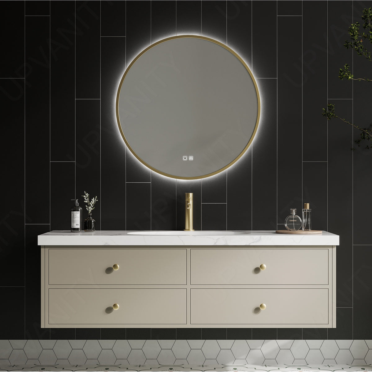 Elegant Bath Vanity Set, Beige,  White Marble Textured Top, 36"-64", Single, Floating, Sectional Storage, Round Smart LED Mirror